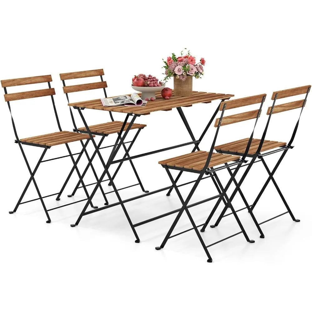 Outdoor Acacia Wood Dining Table Set With Folding Patio Chairs