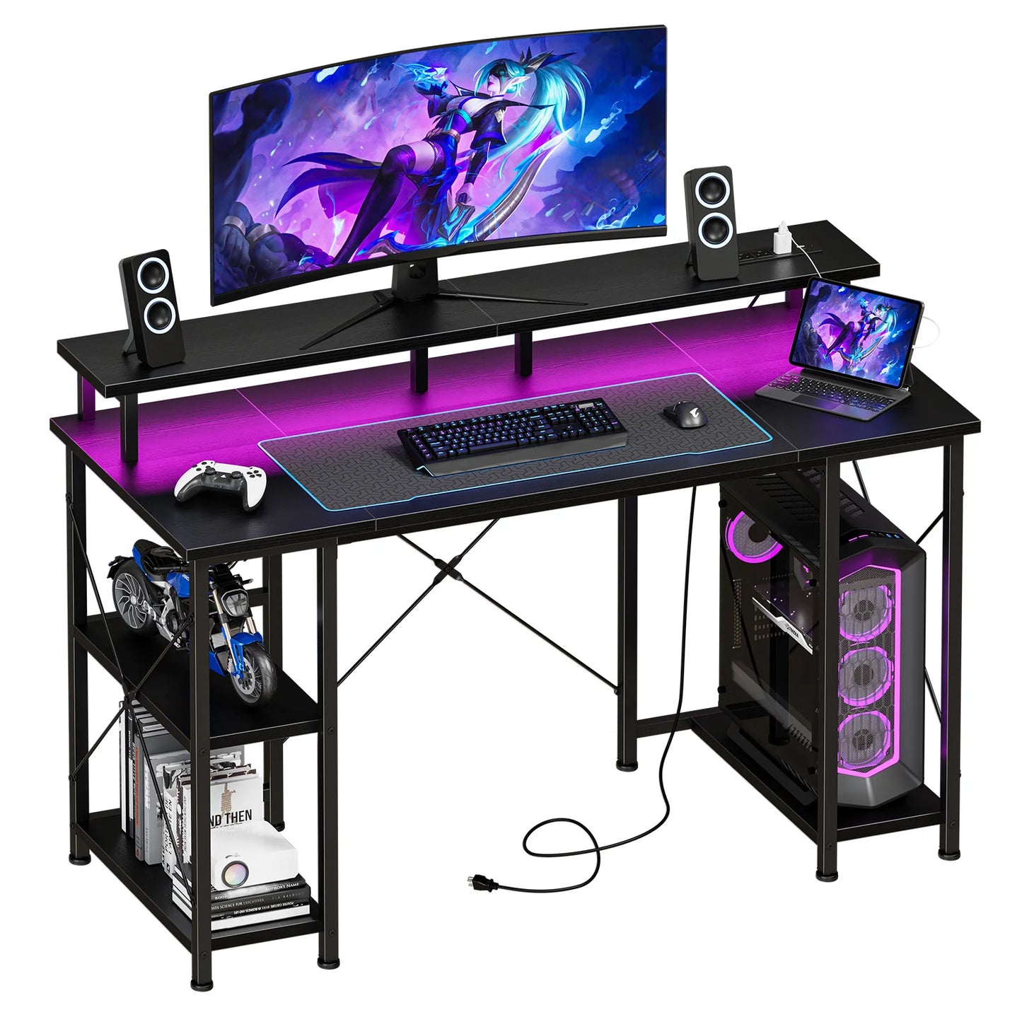 JHK Computer Desk With Shelves, Drawers, LED Lights, Power Outlets