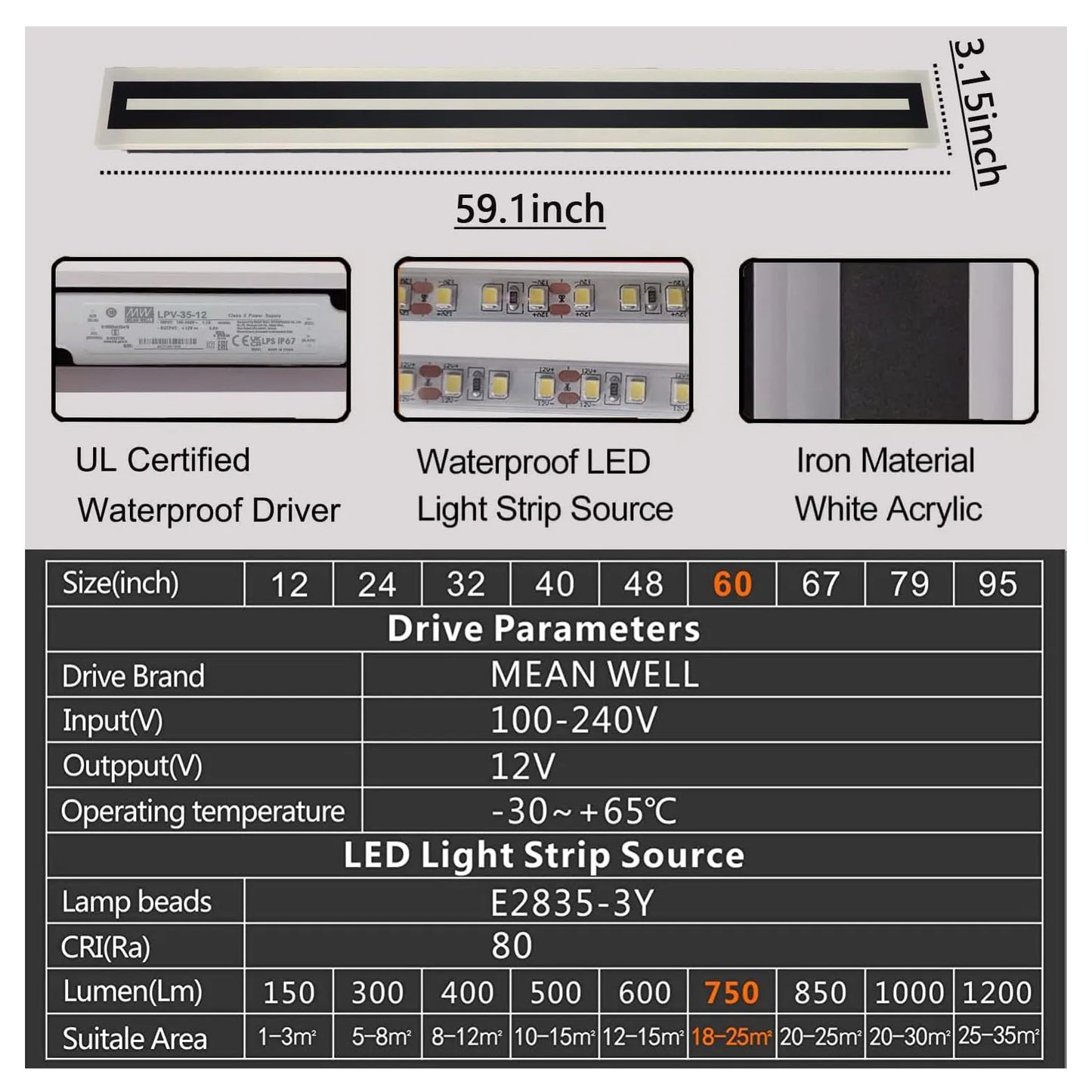 Outdoor Long Strip LED Wall Light Sconce Frosted Acrylic IP67