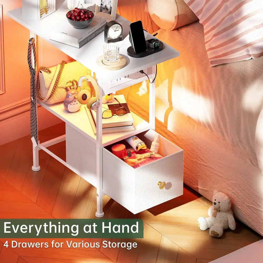 Cloth Shaft Cabinet, White Leather, Two-Story Open-Plan Storage Table, One Drawer, Small Space, Can Be Placed Next To The Sofa