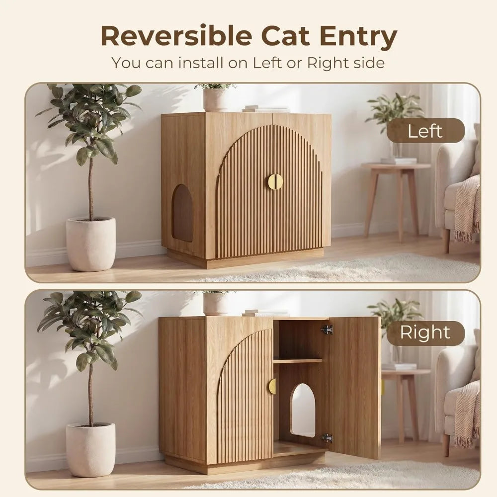 Large Hidden Cat Litter Box Enclosure, Fluted Cabinet with Storage, Symmetrical Curved Accent Sideboard Furniture