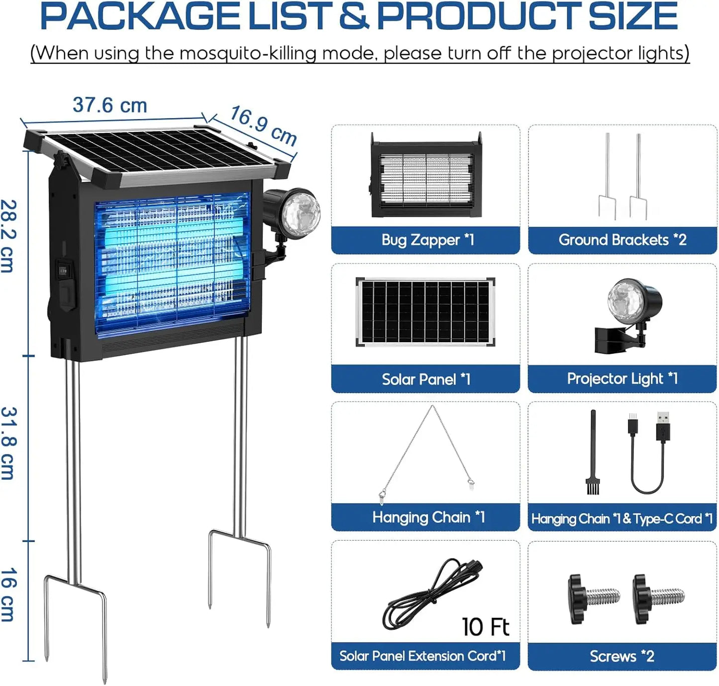 Solar Bug Zapper 4500V 2in1 Rechargeable IP66 Waterproof Projection Light