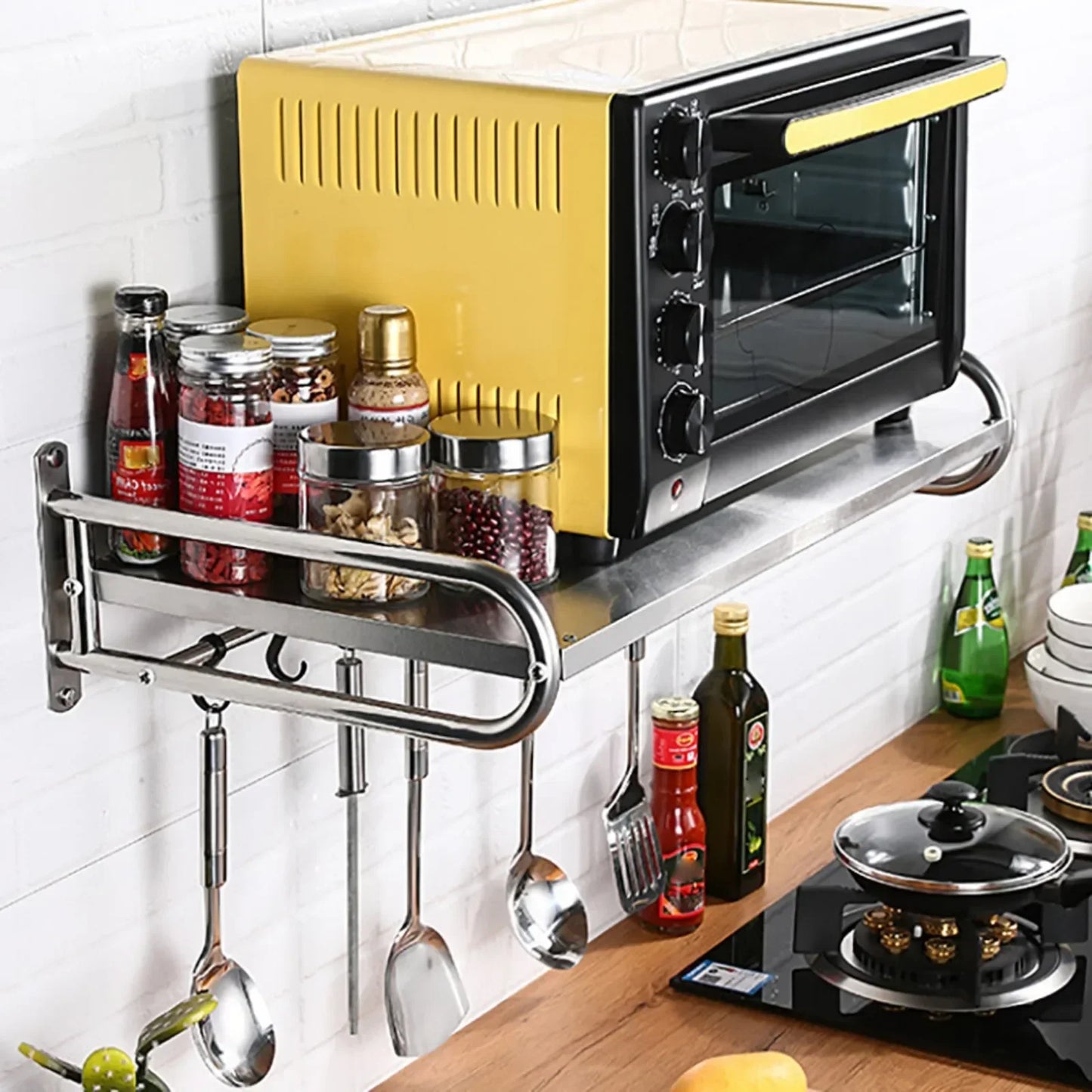 Stainless Steel Microwave Utensil Shelf Wall Mount With 6 Hooks