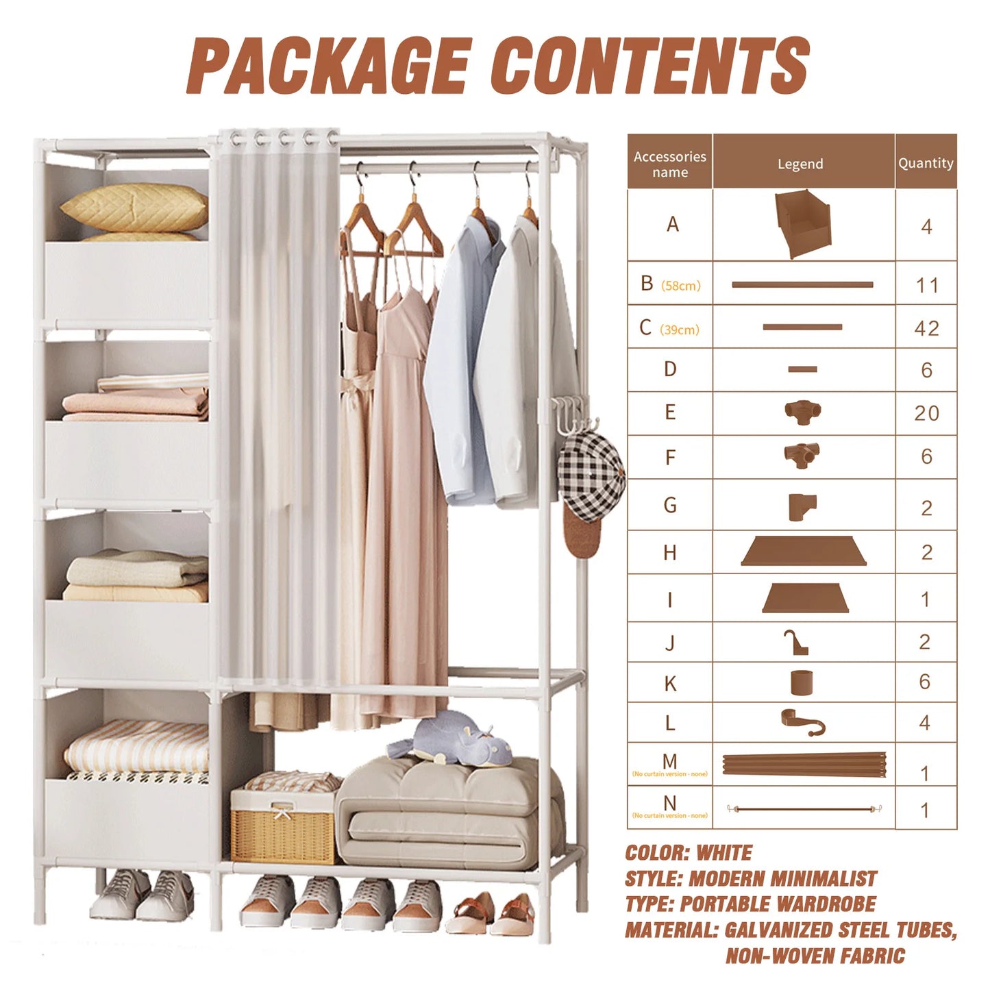 Wardrobe Heavy-Duty Portable Freestanding Closet Multipurpose Storage Rack Semi-Open with 4 Storage Drawers Curtain for Bedroom