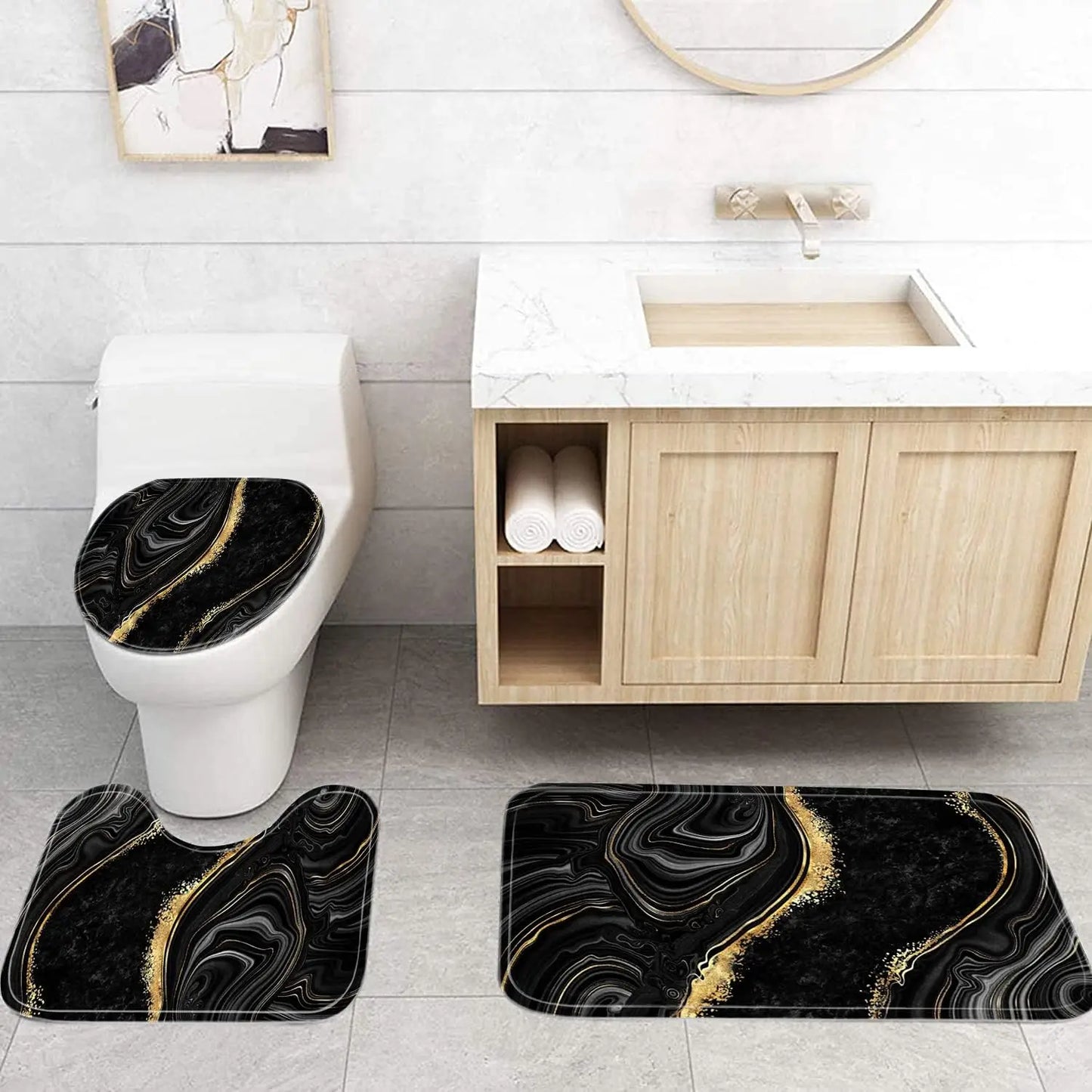Shower Curtain Set With Toilet Lid Cover Rugs Modern Abstract Bathroom Decor
