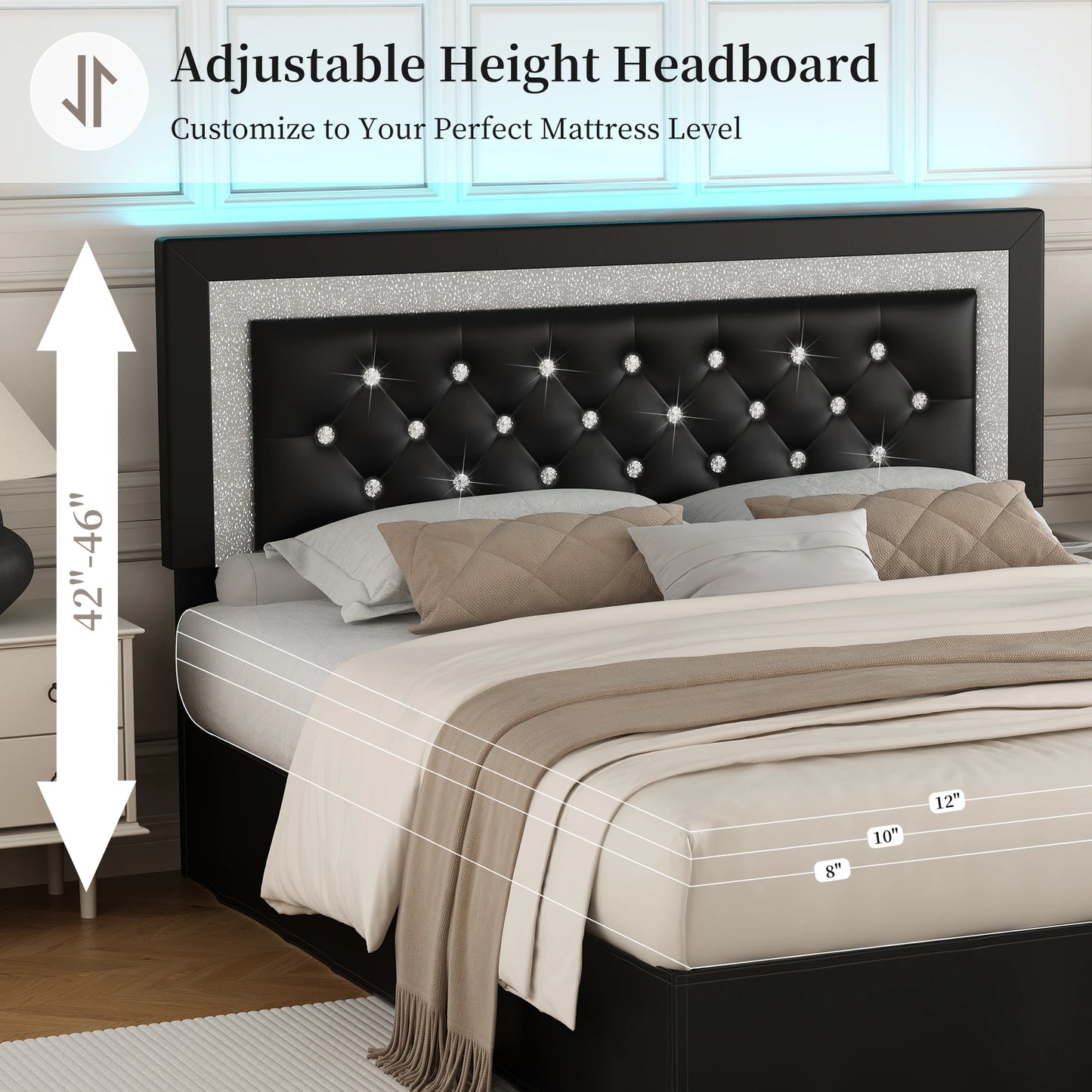 SIBEDS Bed Frame With LED Lights And Adjustable Headboard