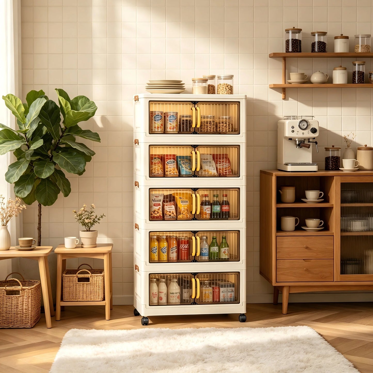 Foldable Plastic Storage Cabinet With Wheels And Double Doors