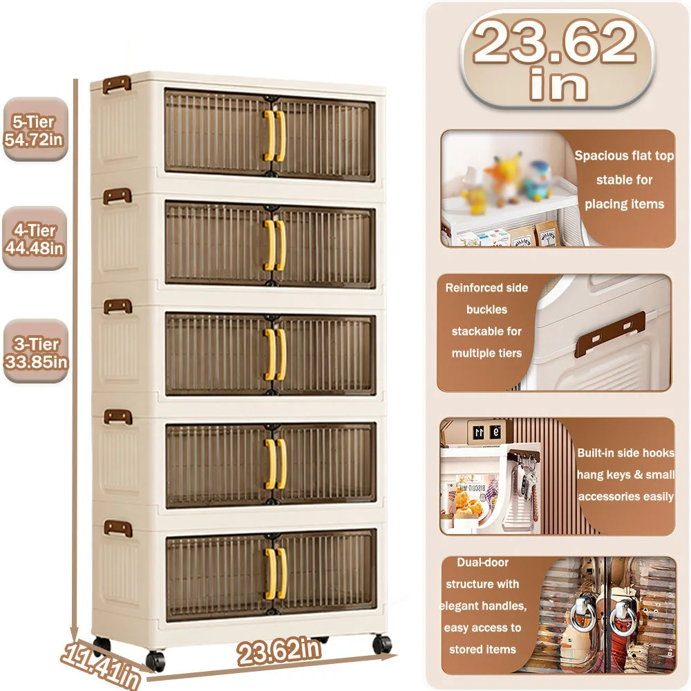 Foldable Plastic Storage Cabinet With Wheels And Double Doors
