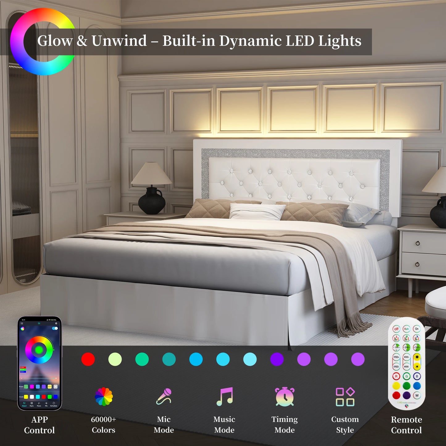 SIBEDS Bed Frame With LED Lights And Adjustable Headboard