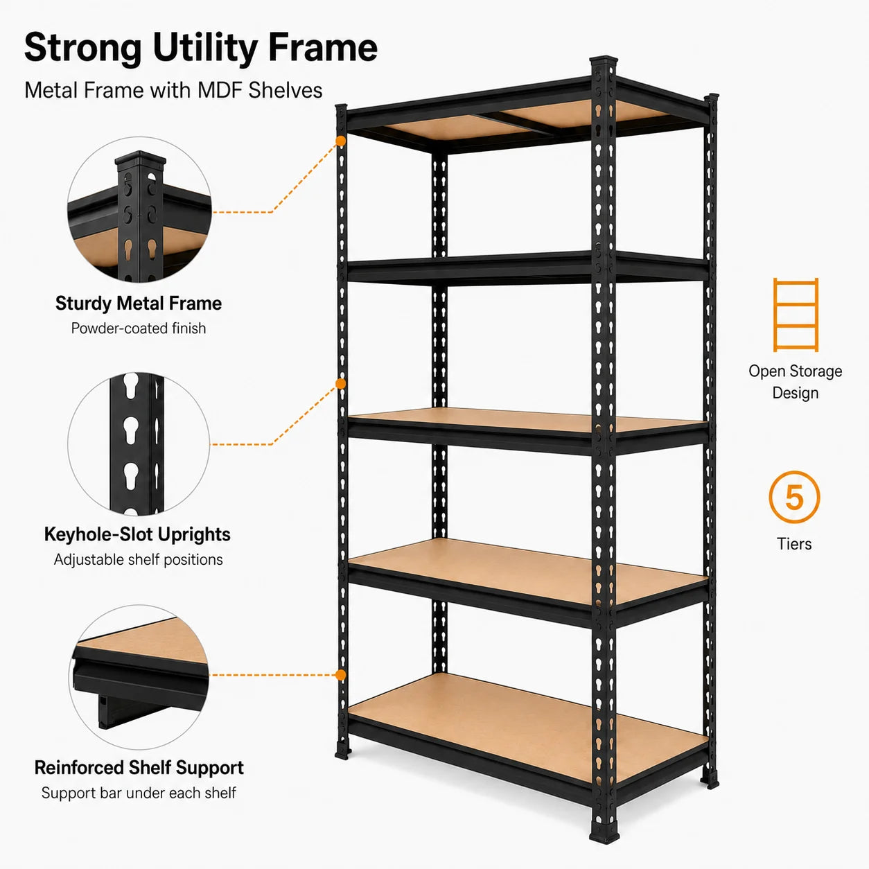 Heavy Duty 5-Tier Metal Shelving Unit With MDF Shelves
