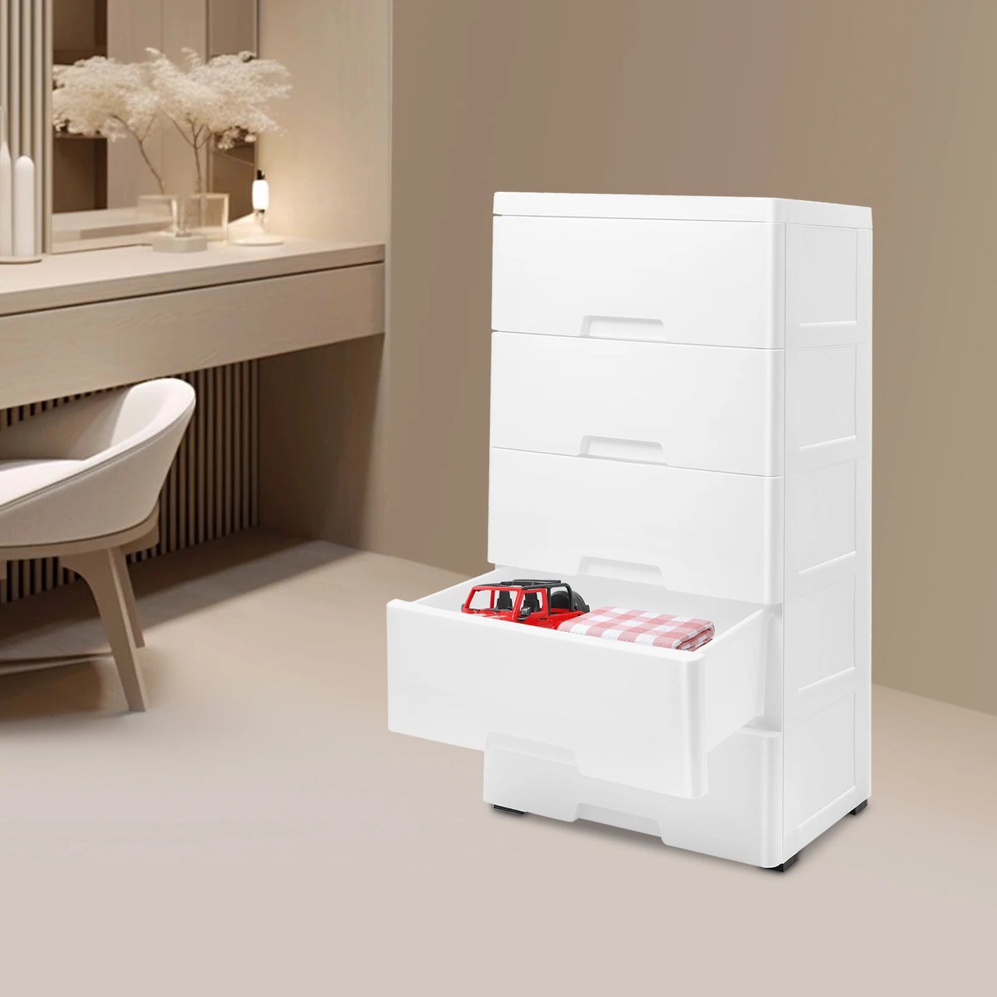 Plastic Drawers Dresser, 5 Tier White Storage Cabinet 43.5x29x80cm, Heavy Duty PP Organizer for Clothes Toys Home Office 55.1lbs