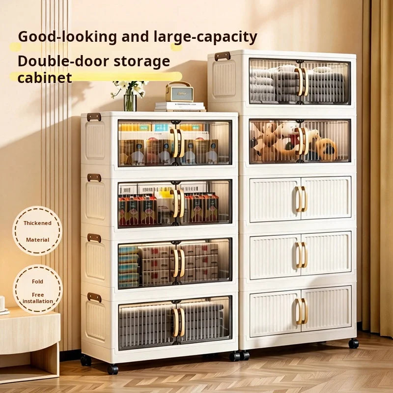 Foldable Plastic Storage Cabinet With Wheels And Double Doors