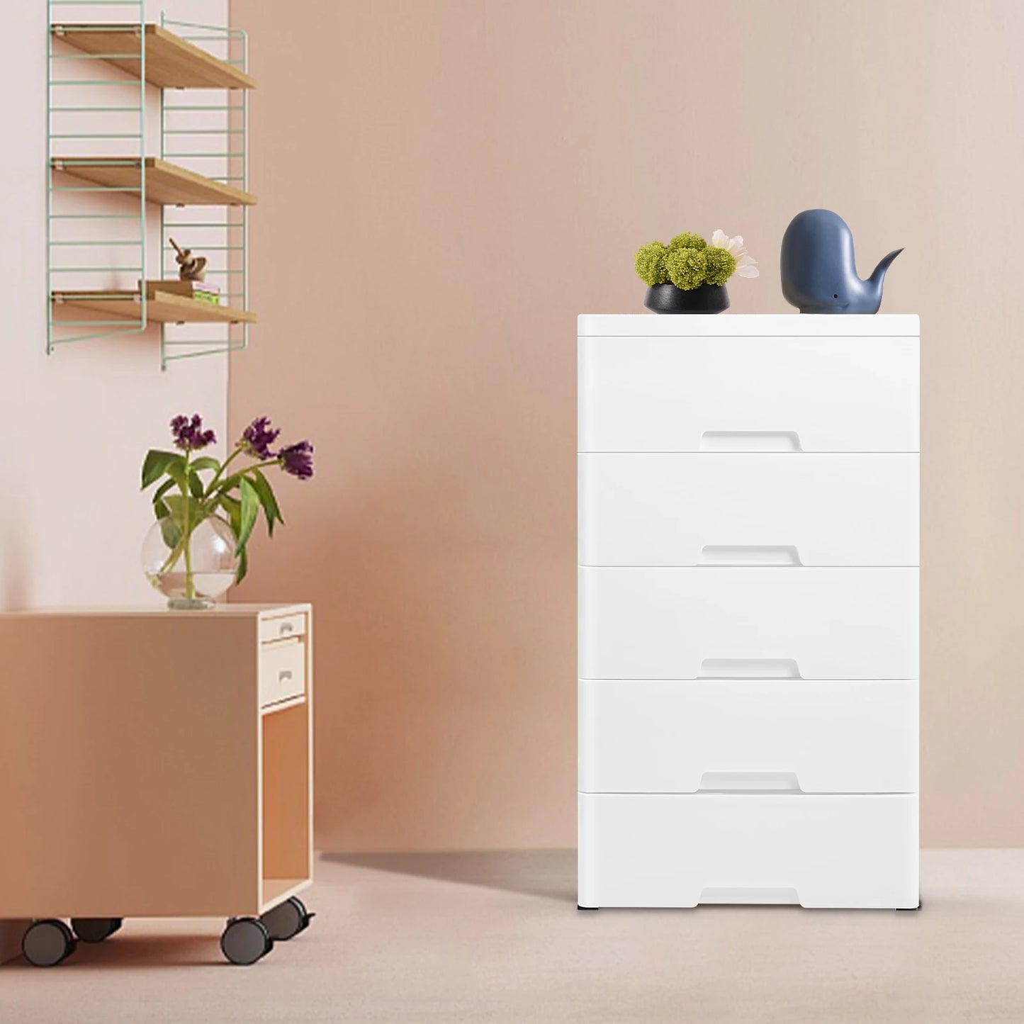 Plastic Drawers Dresser, 5 Tier White Storage Cabinet 43.5x29x80cm, Heavy Duty PP Organizer for Clothes Toys Home Office 55.1lbs