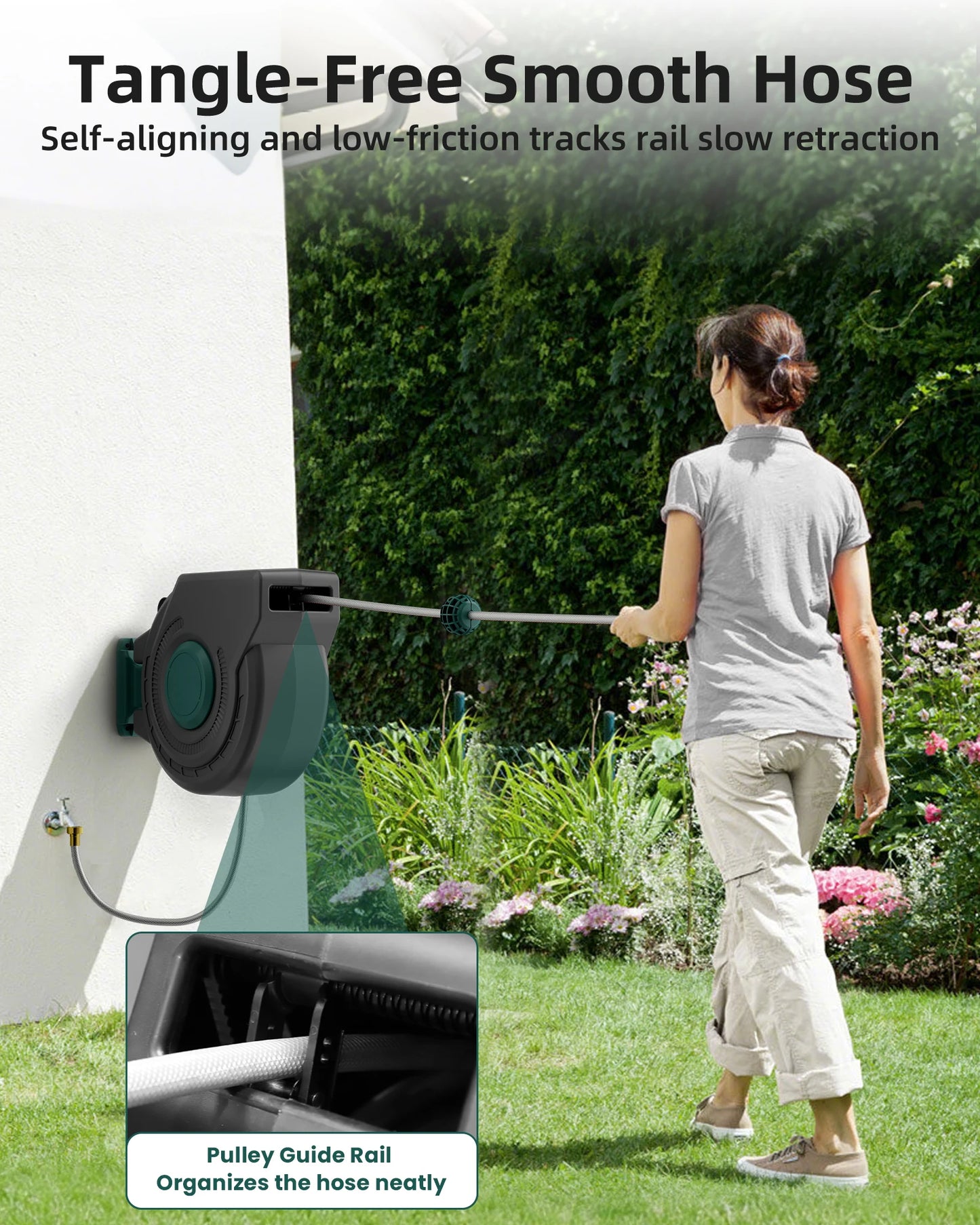 Retractable Wall Mounted Garden Hose Reel With Auto Rewind 180 Degree Swivel