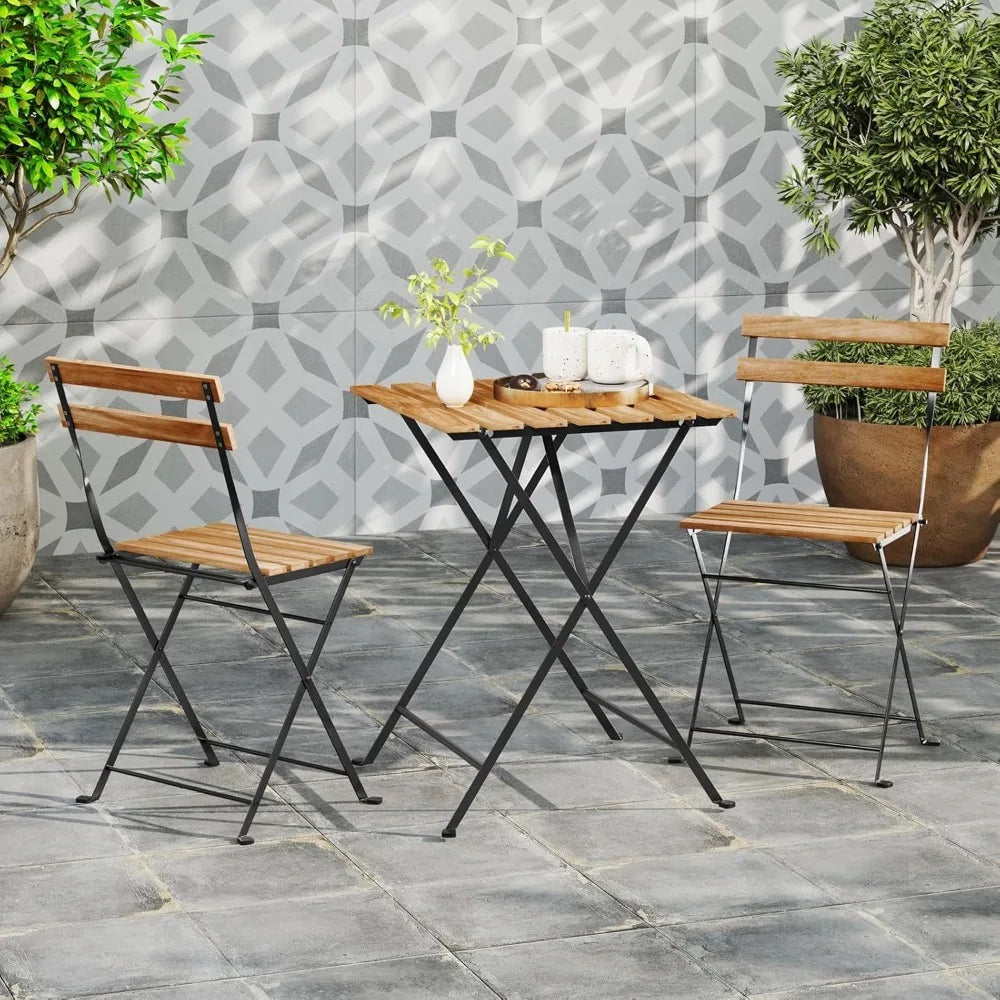 Outdoor Acacia Wood Dining Table Set With Folding Patio Chairs