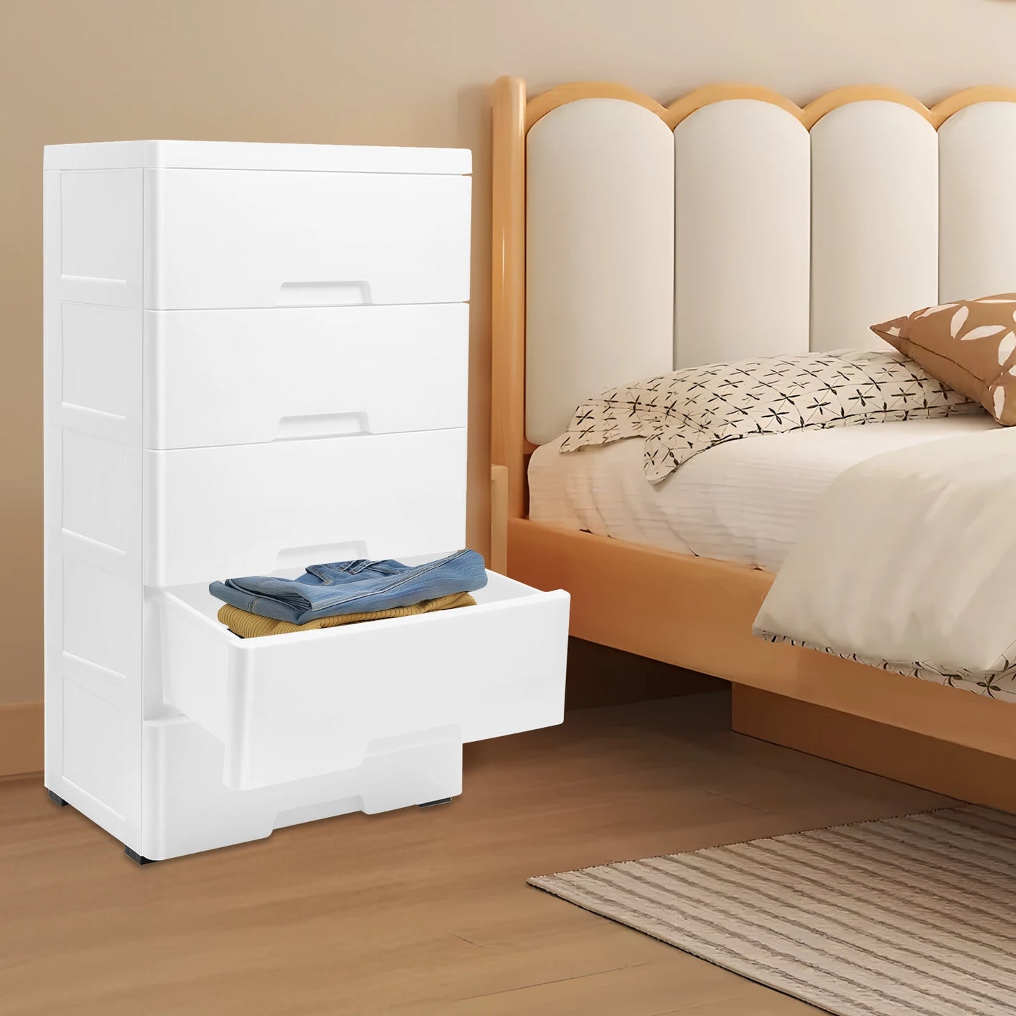 Plastic Drawers Dresser, 5 Tier White Storage Cabinet 43.5x29x80cm, Heavy Duty PP Organizer for Clothes Toys Home Office 55.1lbs