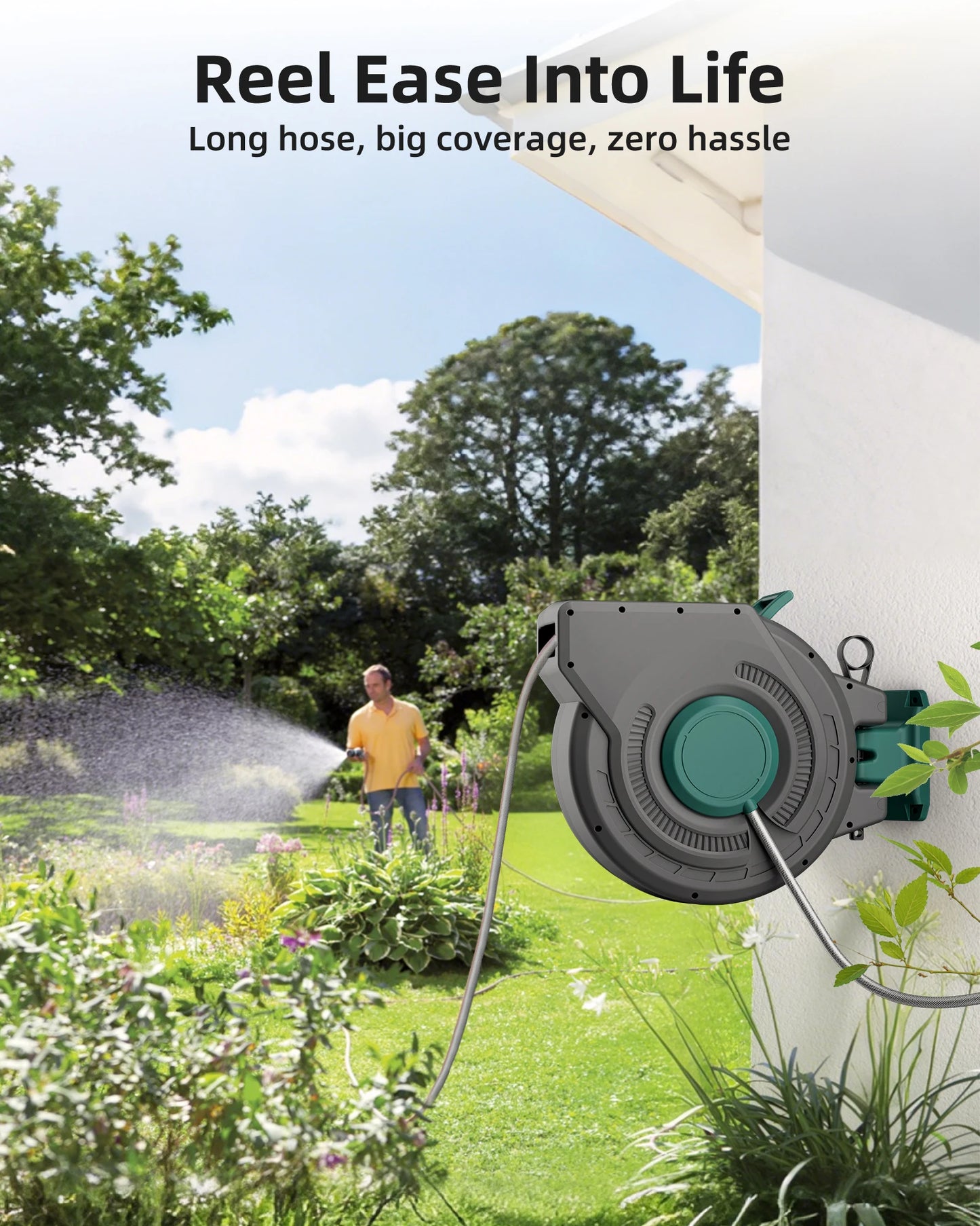 Retractable Wall Mounted Garden Hose Reel With Auto Rewind 180 Degree Swivel