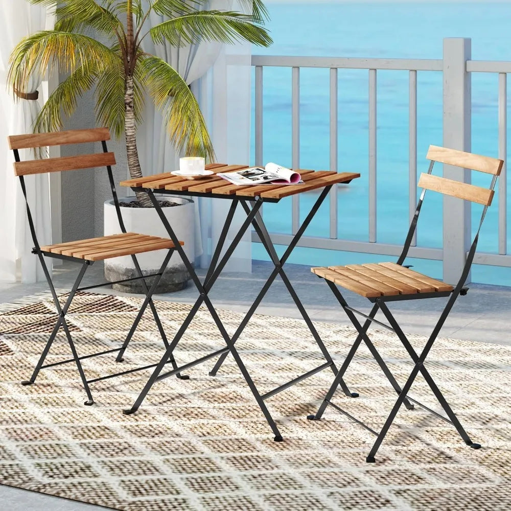 Outdoor Acacia Wood Dining Table Set With Folding Patio Chairs