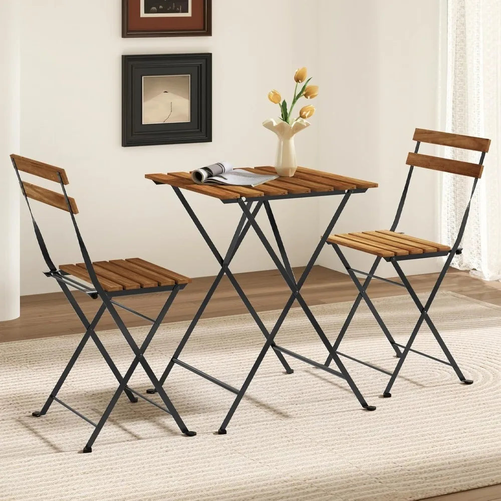 Outdoor Acacia Wood Dining Table Set With Folding Patio Chairs