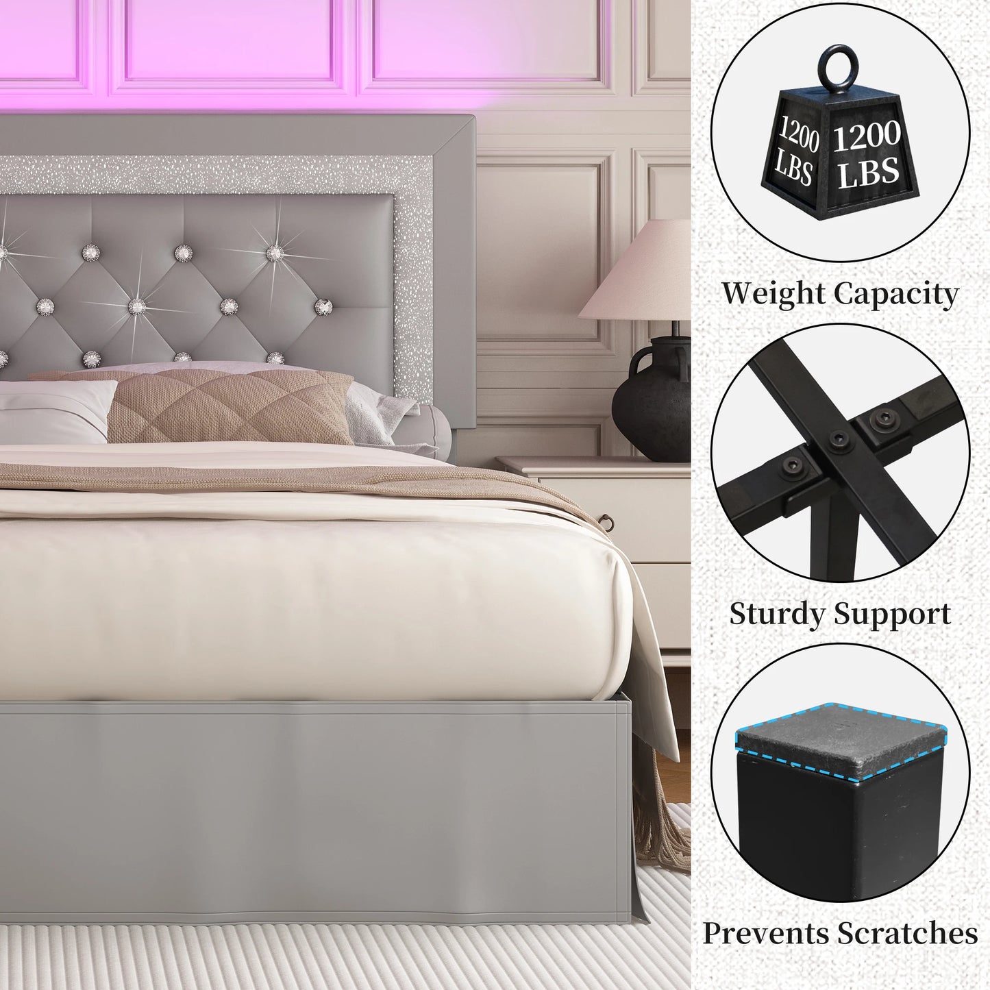 SIBEDS Bed Frame With LED Lights And Adjustable Headboard