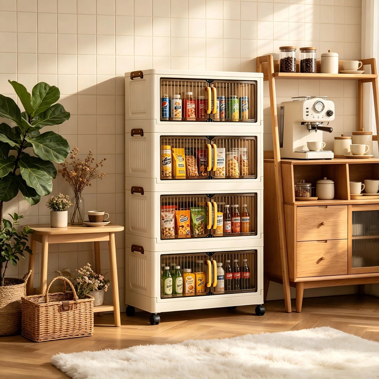 Foldable Plastic Storage Cabinet With Wheels And Double Doors