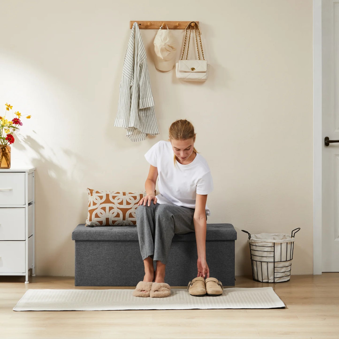 JHK Folding Storage Ottoman Bench With Hidden Storage And Toy Box