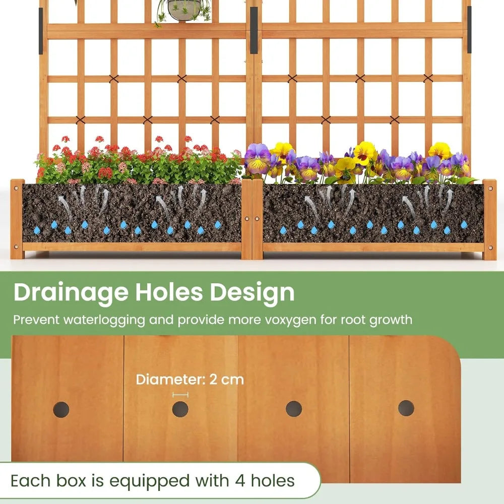 71" Raised Garden Bed with Trellis, Wood Planter Container w/2 Hanging Roof & Boxes, 4 Drainage Holes, Removable Bottom Plate