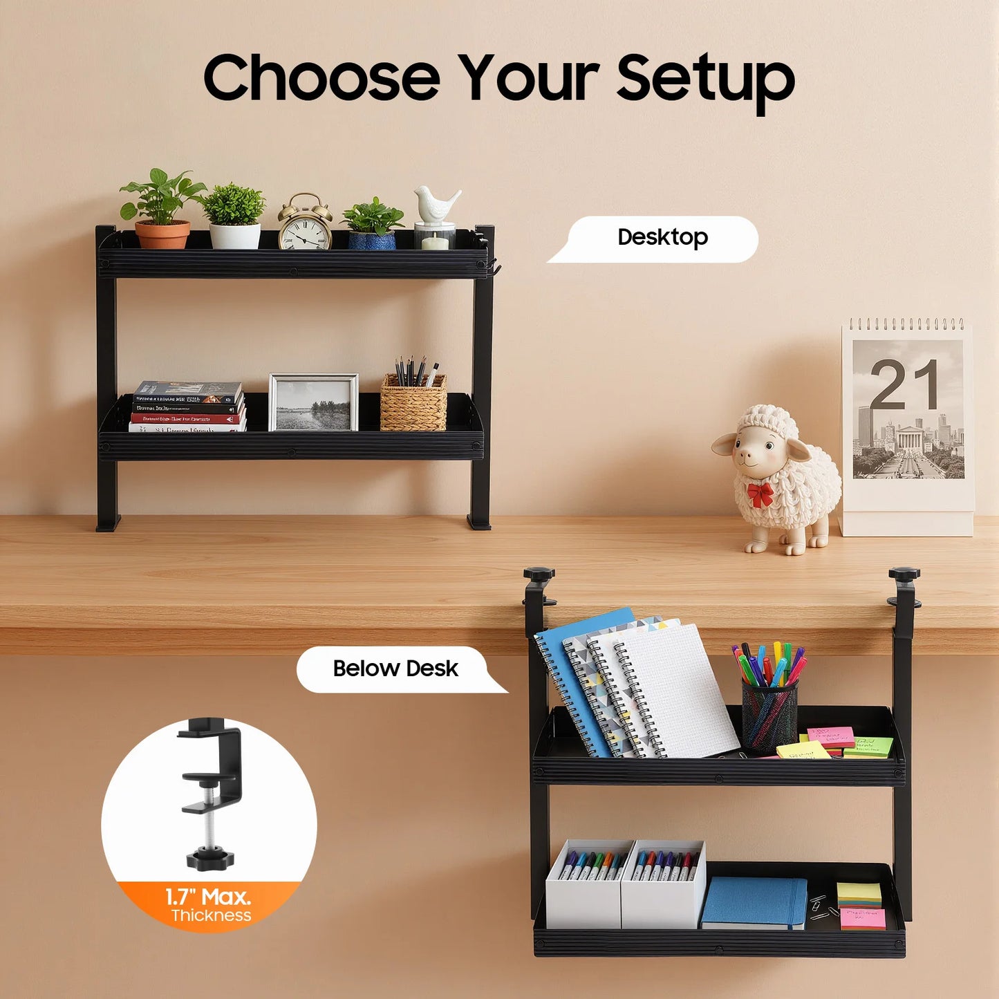Bymaocar 2 Tier Desk Shelf Clamp On Under Desk Storage