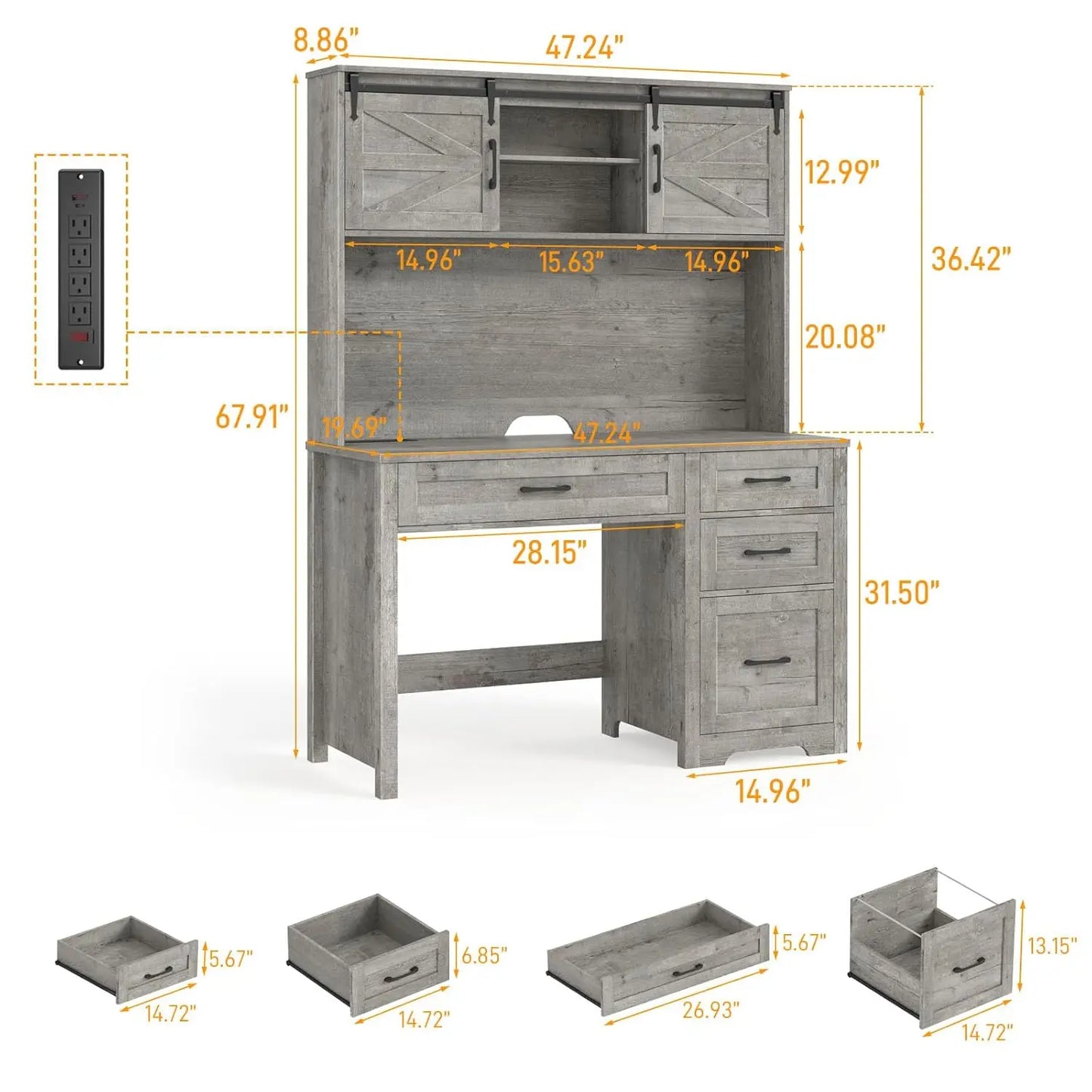 Executive Desk Hutch with LED Light 5 Drawers Charging Station