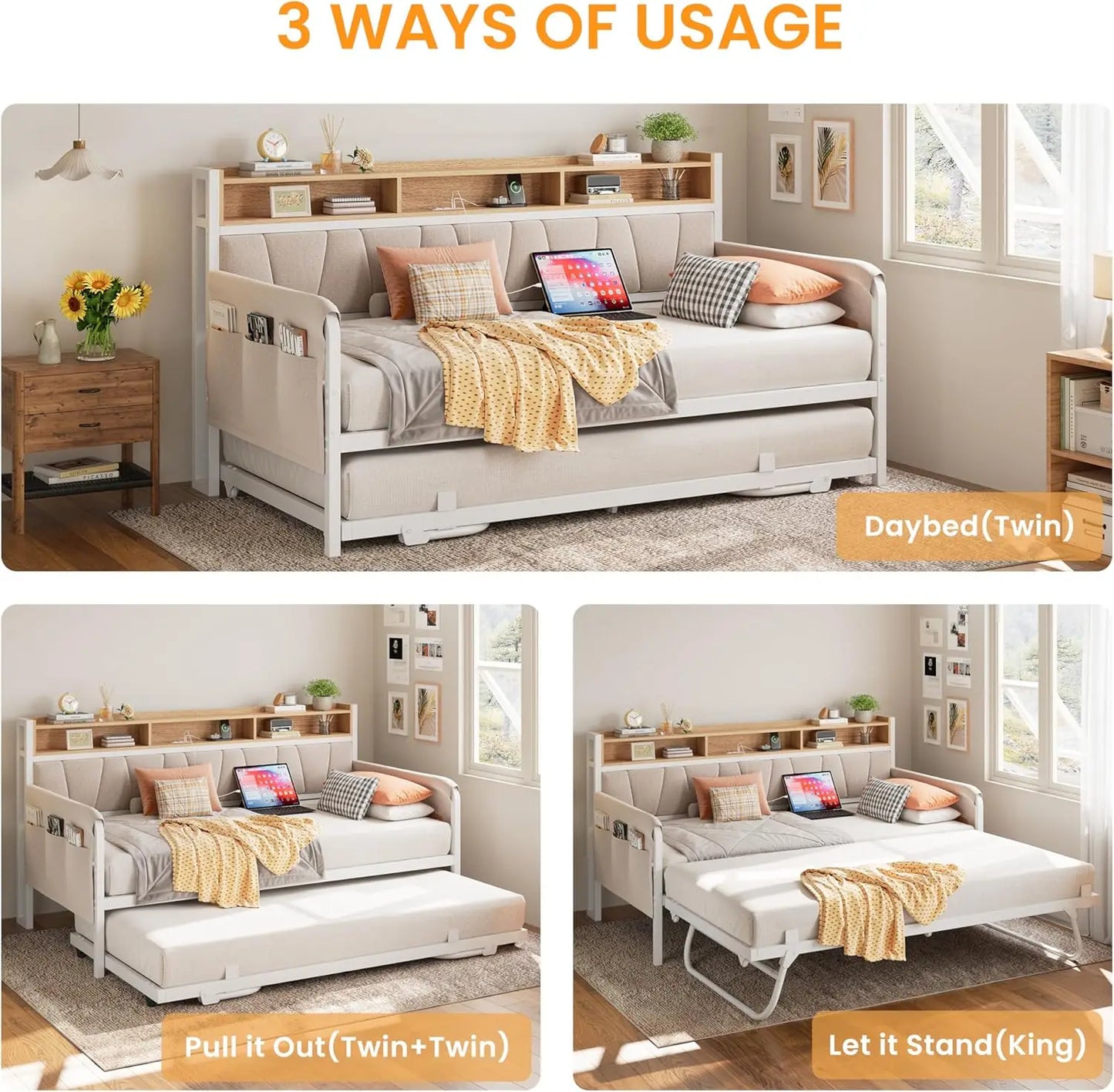 LIKIMIO Daybed with Trundle and Upholstered Headboard with Charging Station