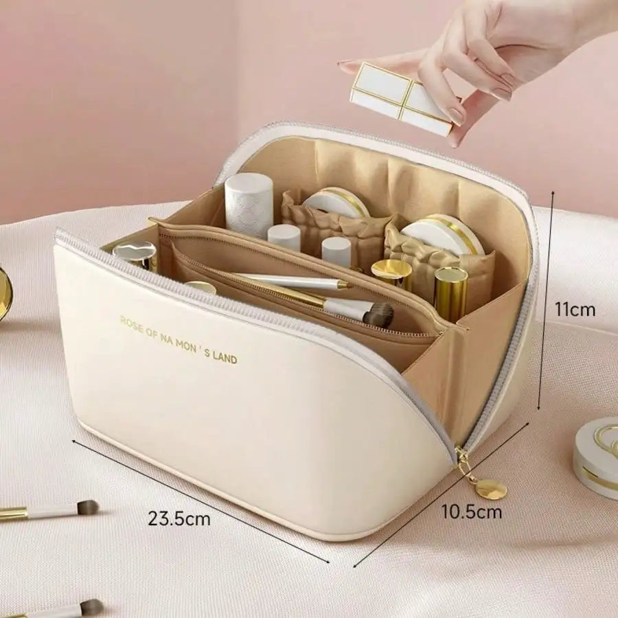 PU Leather Waterproof Cosmetic Bag, Portable Cosmetic Bag, Cosmetics Storage Bag, Large Capacity Spacious Double-Layer Makeup Bag, Suitable For Cosmetics, Skin Care Products, Cosmetic Storage And Storage.
