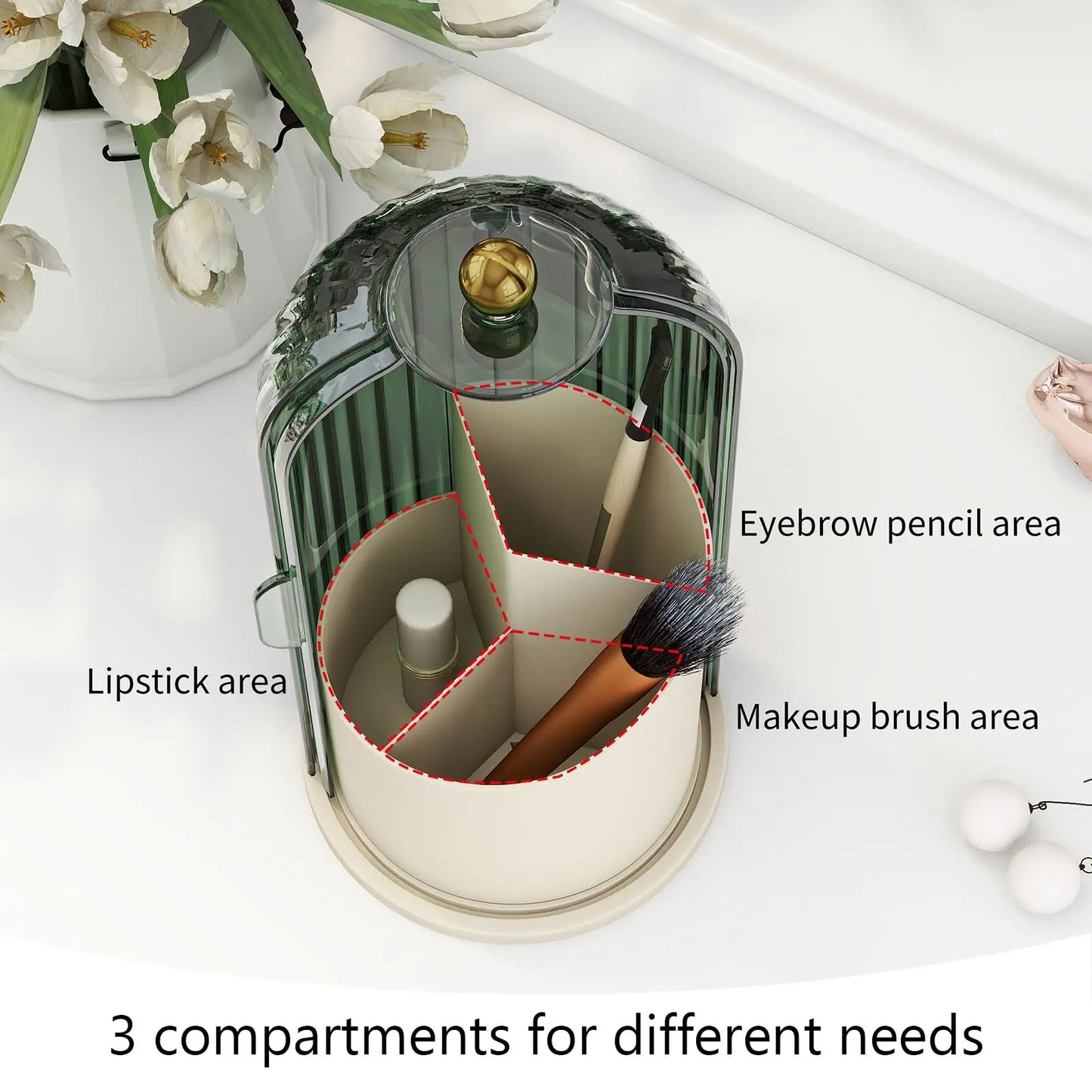 Rotating Makeup Brush Organizer With Dustproof Lid For Vanity Table