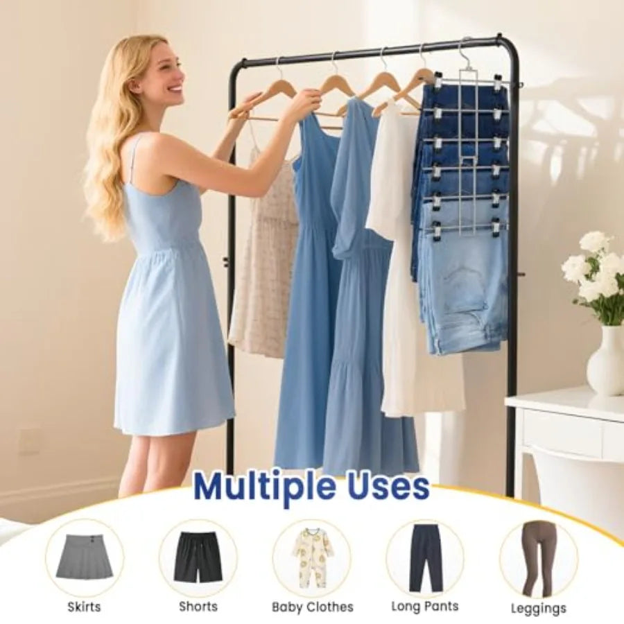 Skirt Pants Hangers with Clips for Dorm Room Closet Organization: Steel, Black, Space-Saving 6-Tier Design with 60 Swivel Hook