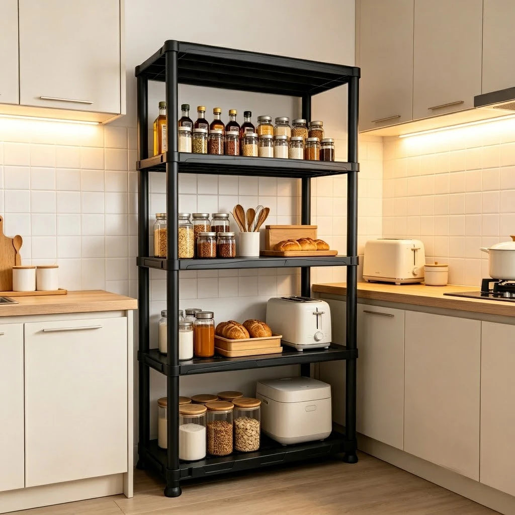 Plastic Storage Shelving Unit Four And Five Tier Heavy Duty Utility Rack