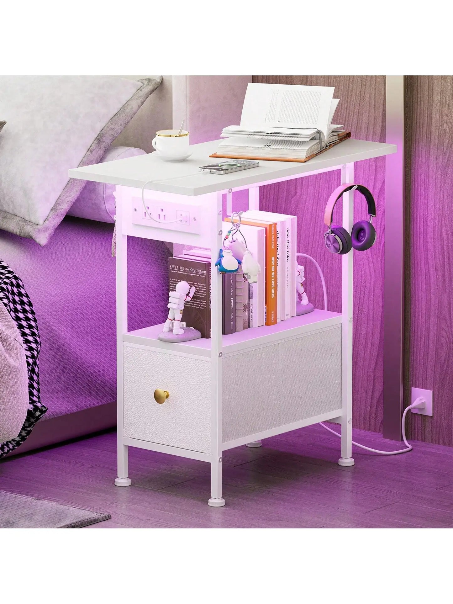 Cloth Shaft Cabinet, White Leather, Two-Story Open-Plan Storage Table, One Drawer, Small Space, Can Be Placed Next To The Sofa