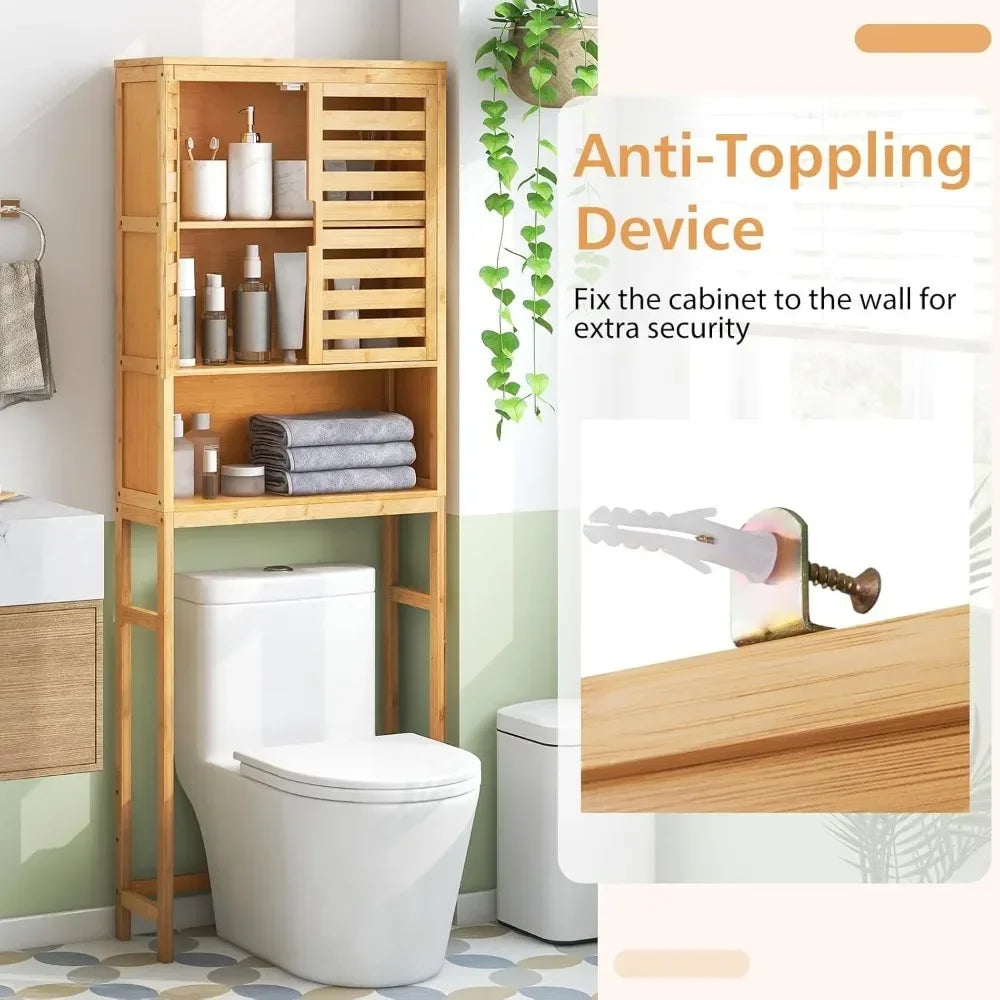 Bamboo Freestanding Bathroom Shelf With Doors And Open Storage