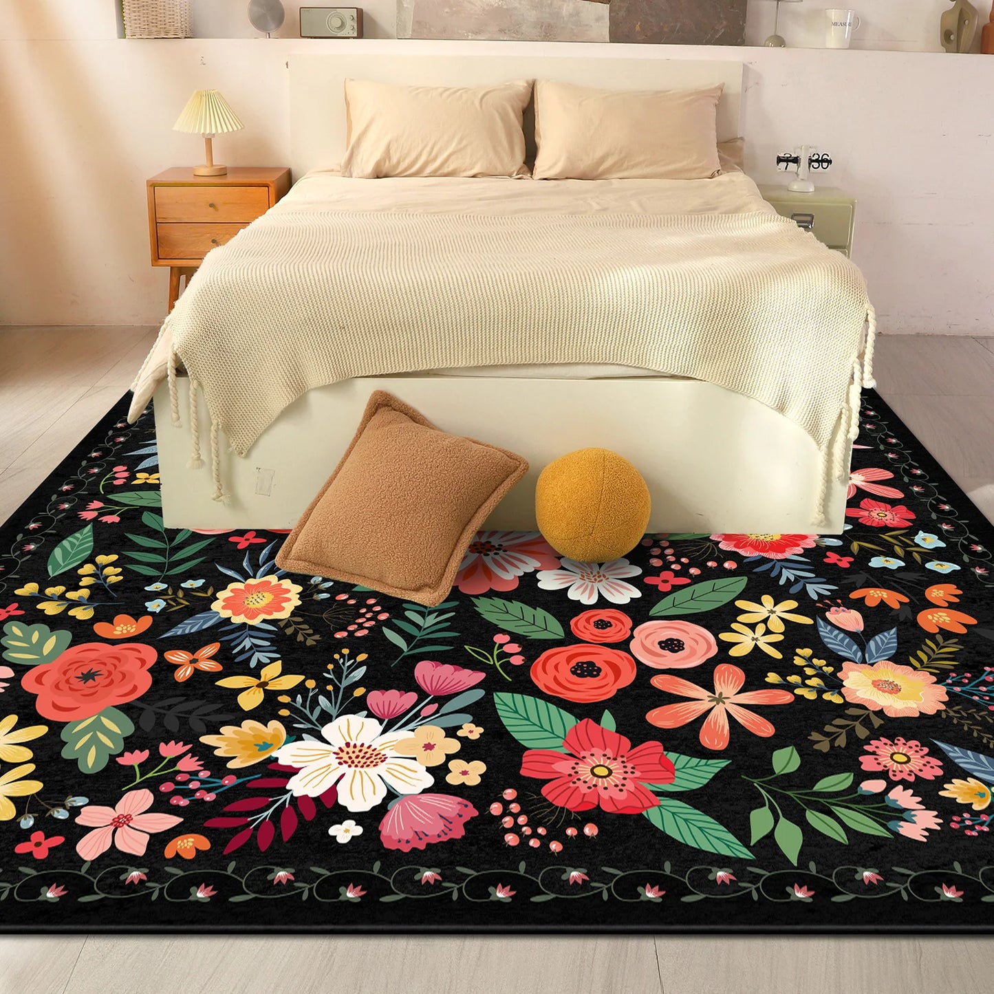 Boho Floral Indoor Rug Washable Non Slip Low Pile Carpet Pet Friendly