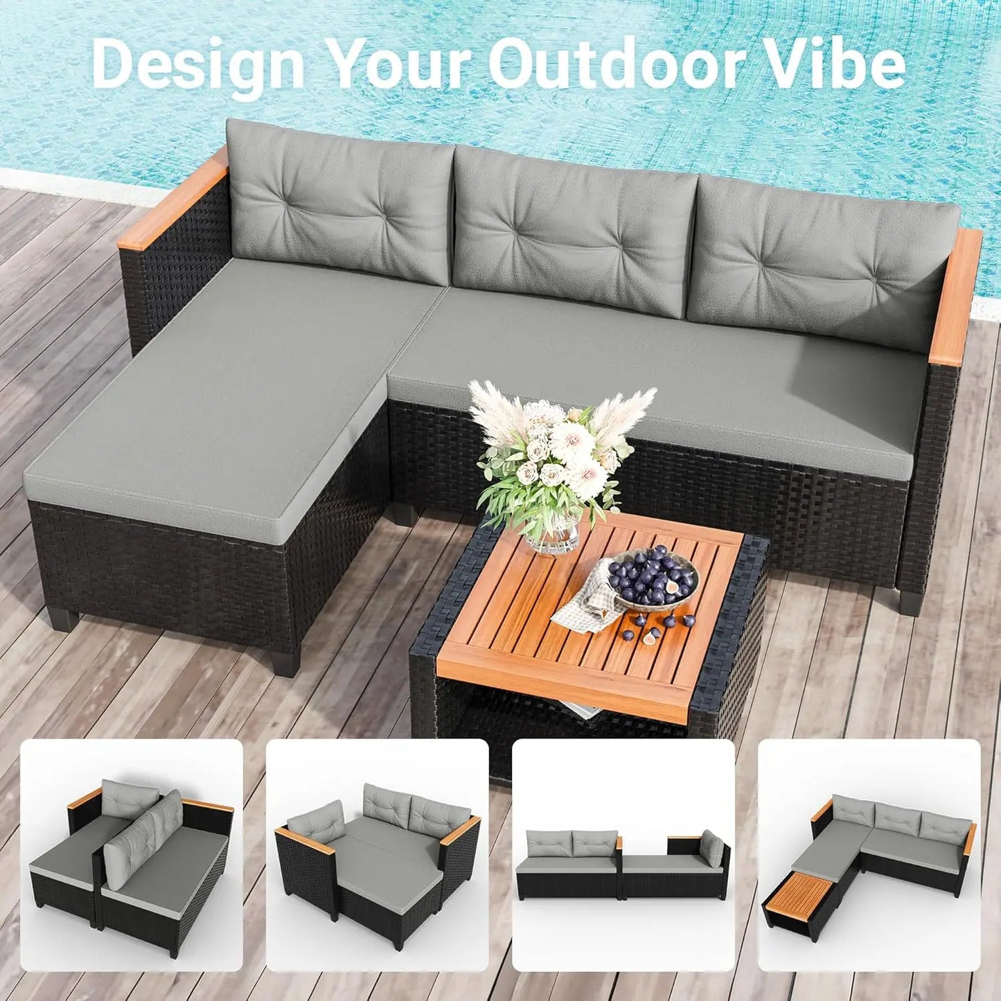 All Weather PE Rattan Outdoor Sectional Sofa Set With Storage Table For Balcony