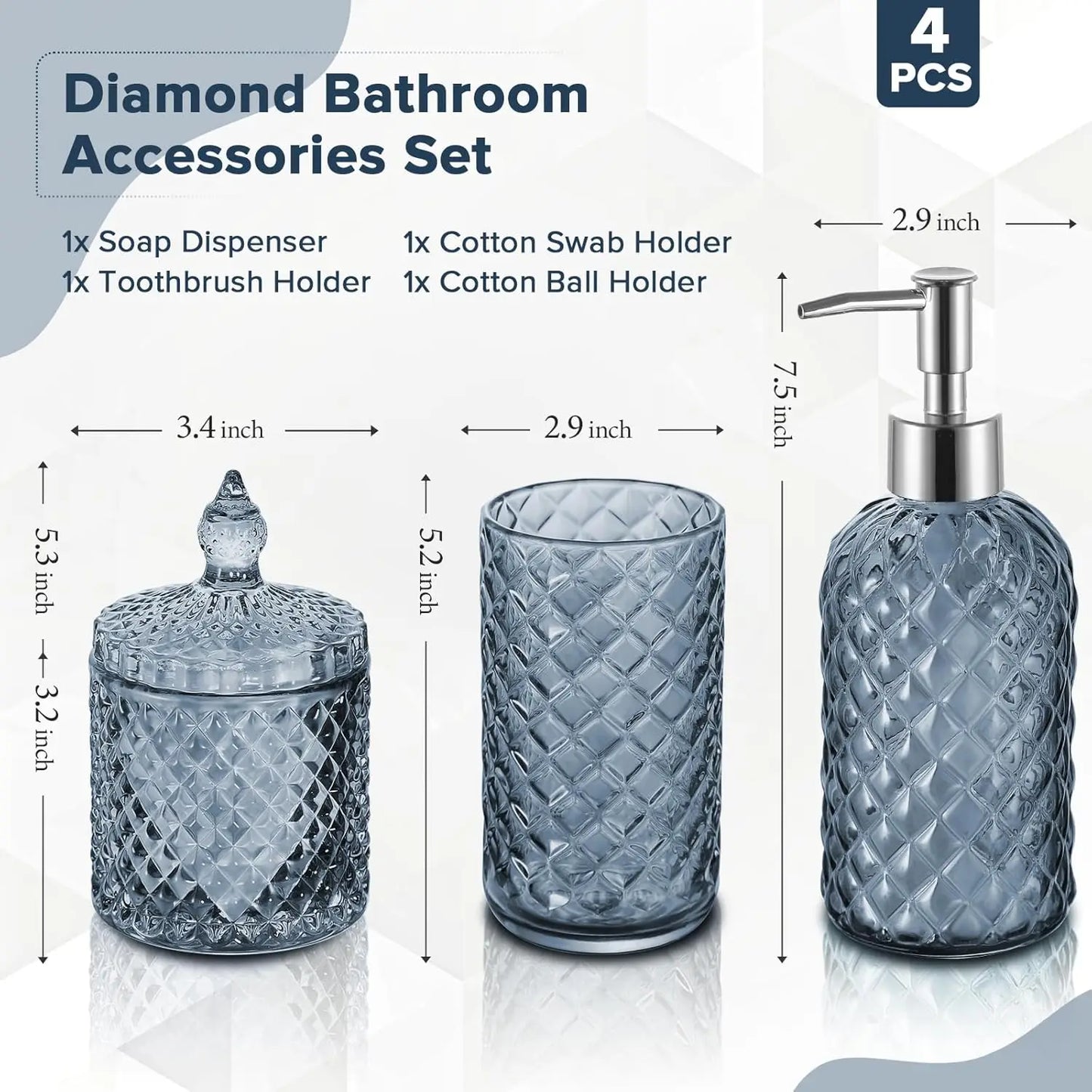 Diamond Pattern Glass Bathroom Set 4-Piece Soap Dispenser And Holders