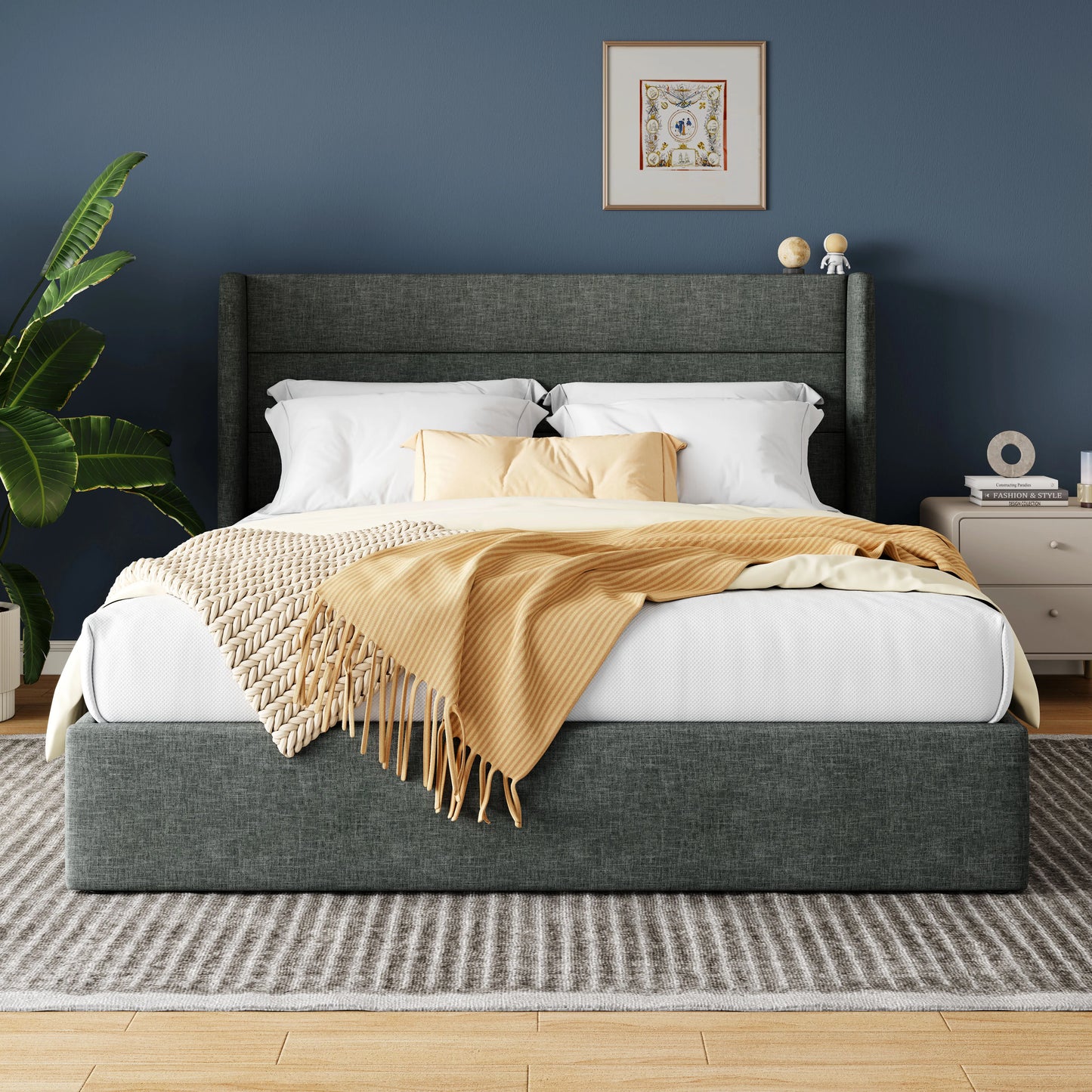 HOOMIC Lift Up Storage Bed With Wingback Headboard And Hydraulic
