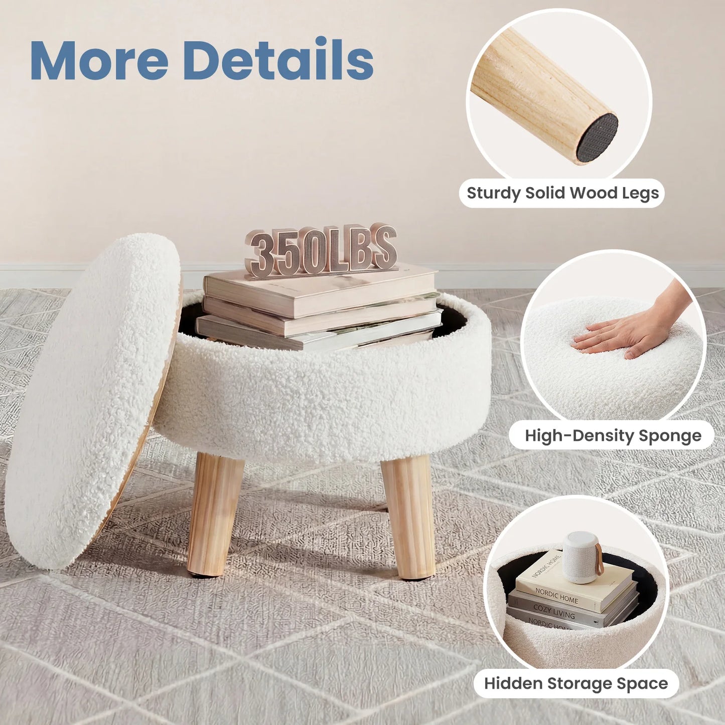 JHK Round Velvet Ottoman With Hidden Storage And Padded Seat