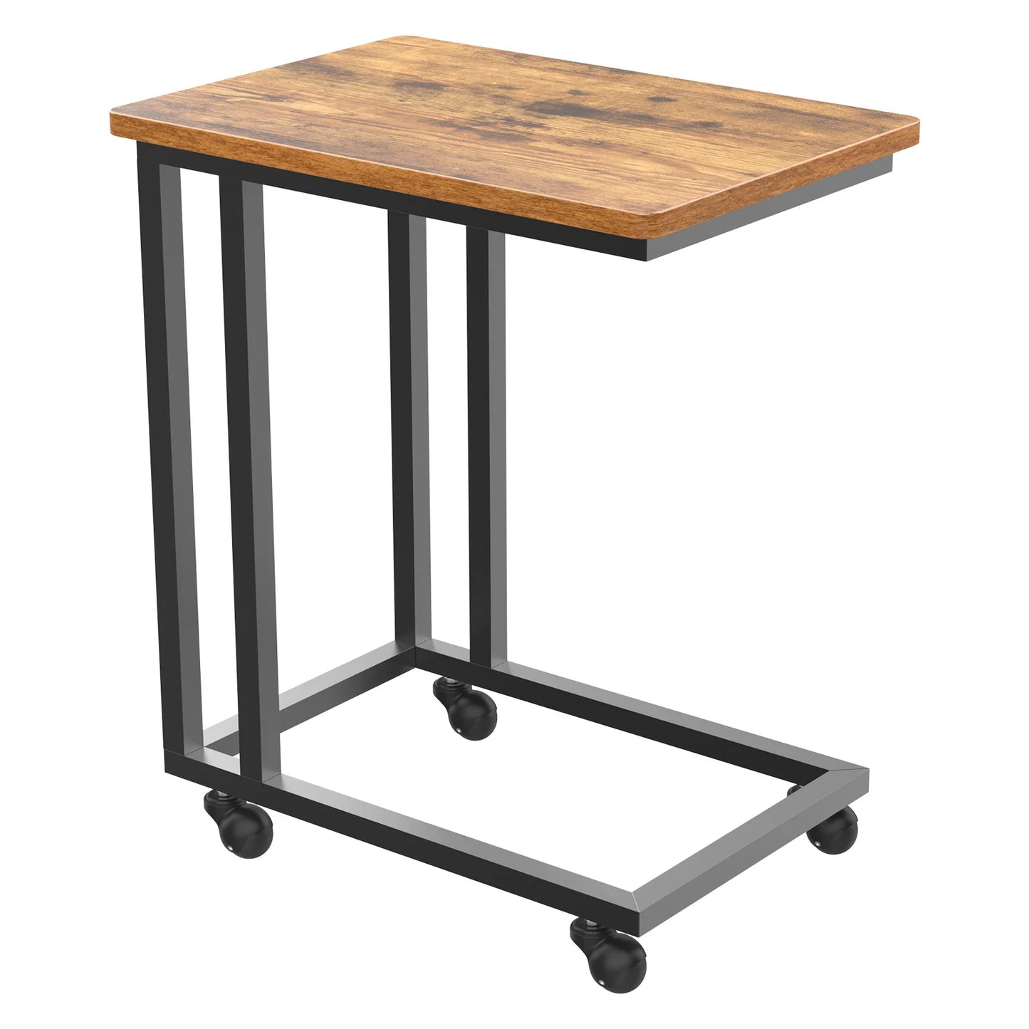 JHK Wood Sofa Table Overbed Bedside Desk With Rolling Wheels Metal Frame