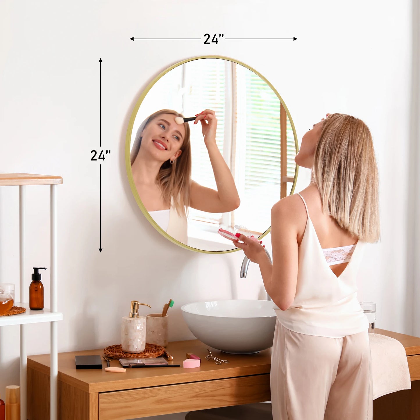 JHK Round Vanity Mirror With Matte Metal Frame For Wall