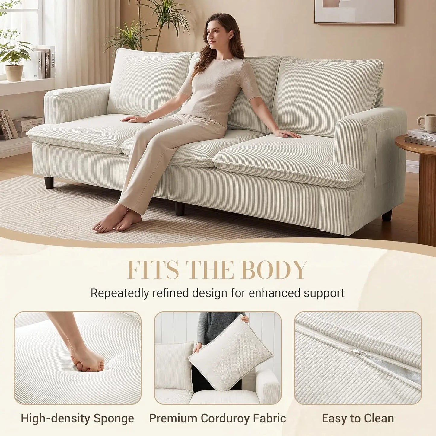 3 Seater Couch, 83" Comfy Corduroy Sofa with Deep Seat, Modern Sofa Couch for Living Room, Office, Bedroom, Apartment, Custom
