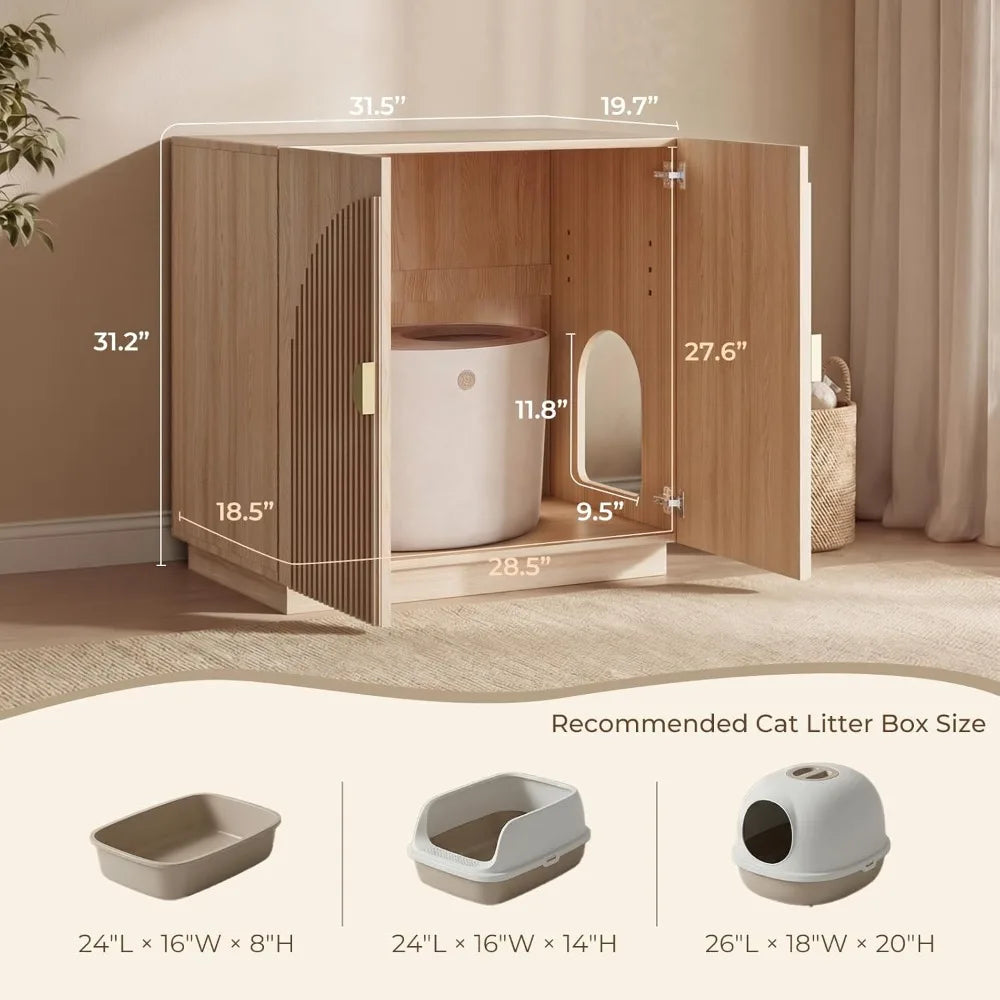Large Hidden Cat Litter Box Enclosure, Fluted Cabinet with Storage, Symmetrical Curved Accent Sideboard Furniture