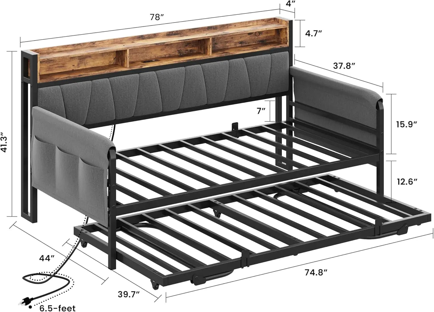 LIKIMIO Daybed with Trundle and Upholstered Headboard with Charging Station