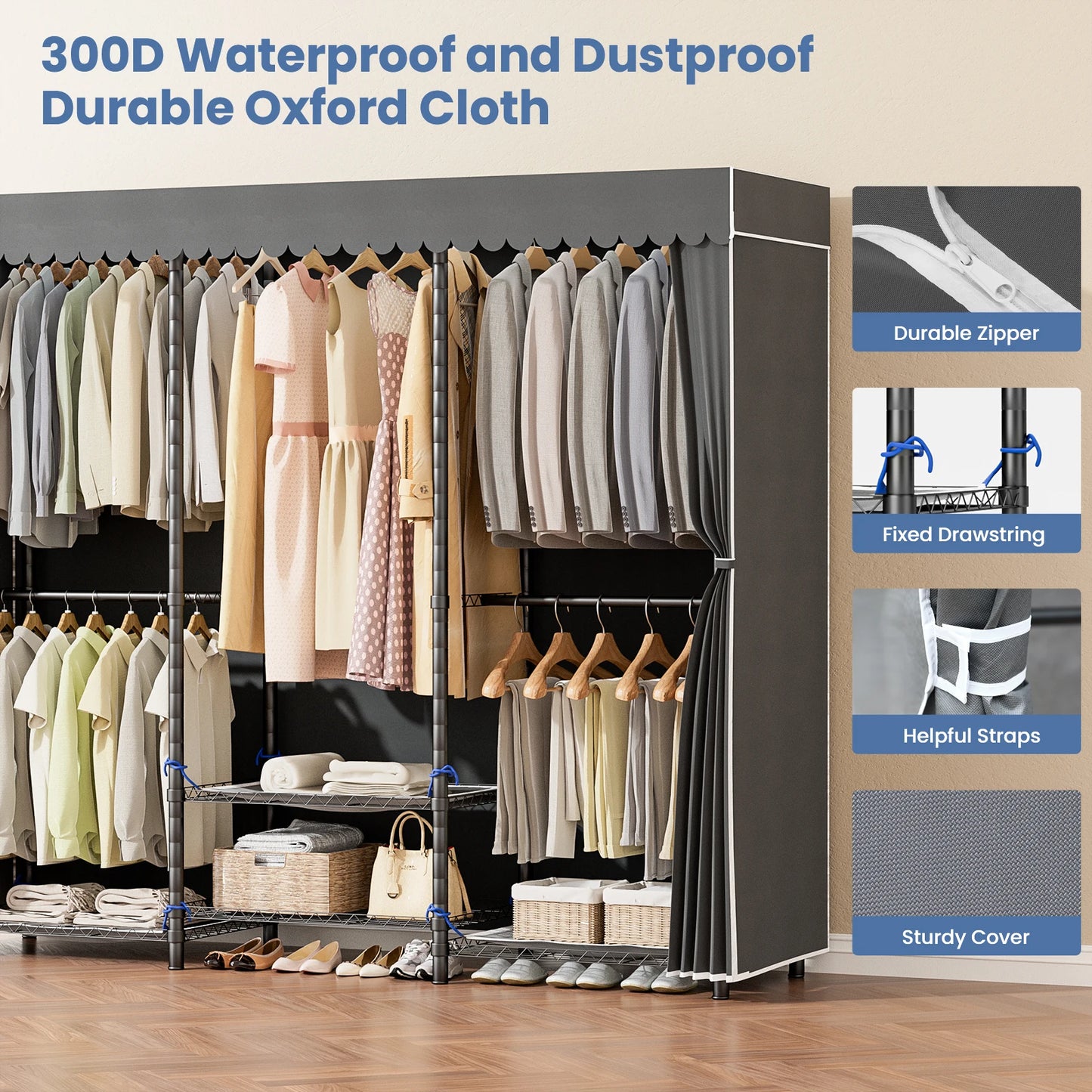 Portable Closet Storage Wardrobe Large DIY Household Non-Woven Fabric Cover Adjustable Bottom Height Portable Closet Organizer
