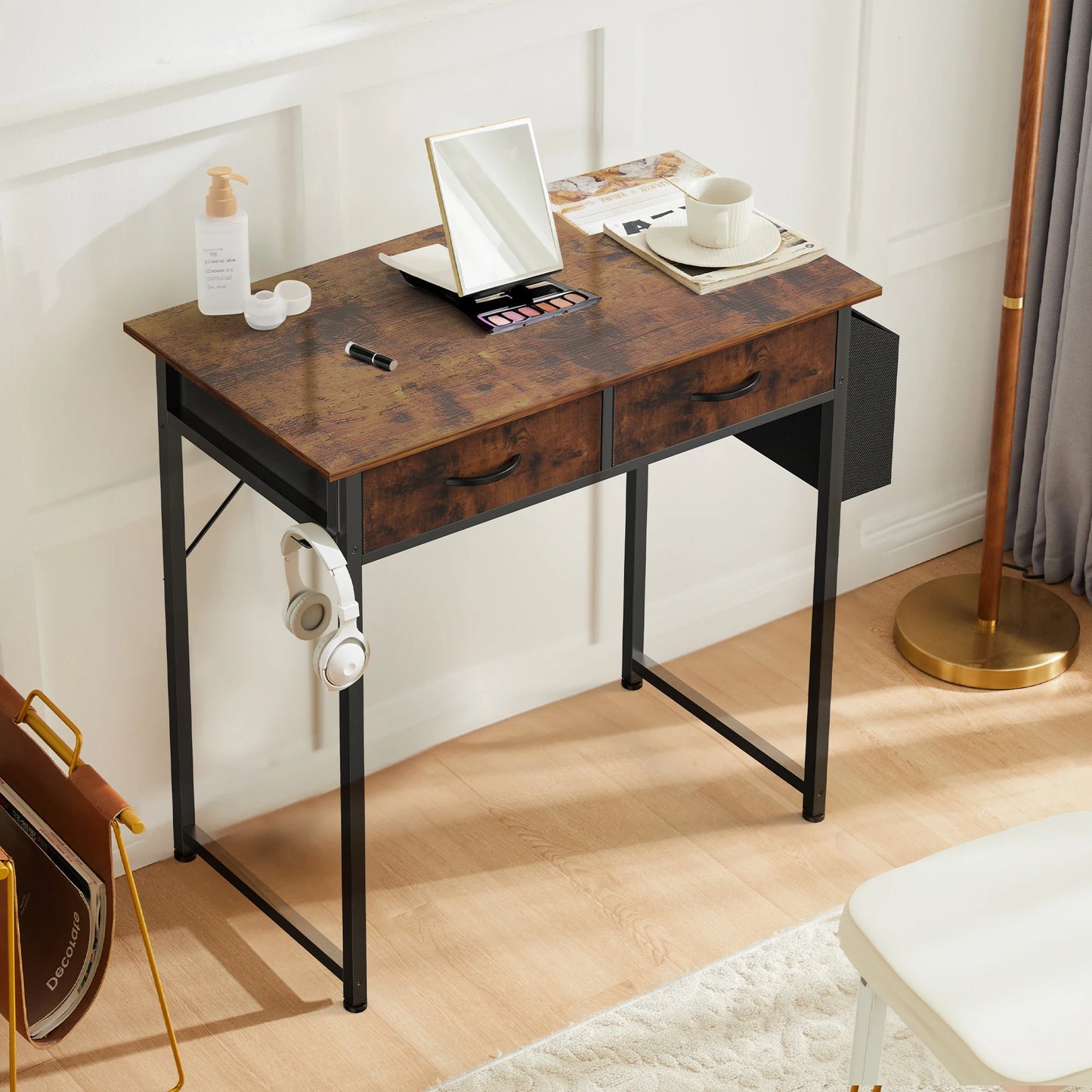 JHK Modern Office Desk With Fabric Drawers And Metal Frame
