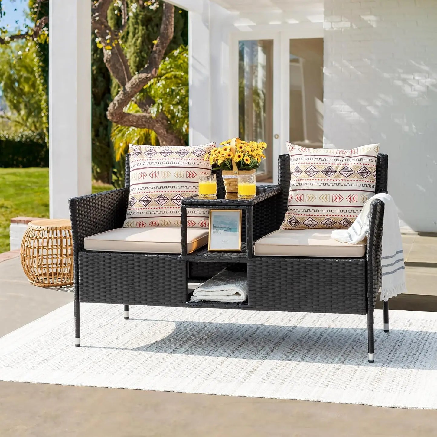Outdoor Patio Loveseat Modern Rattan Two Seat Conversation Set With Cushions