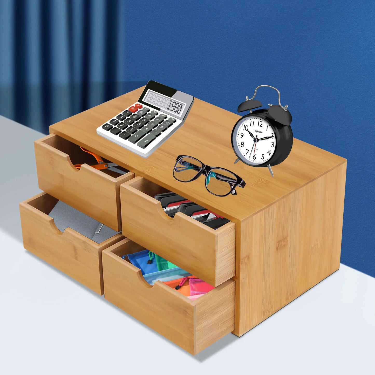 Bamboo Desktop Organizer With Four Drawers For Office And Home